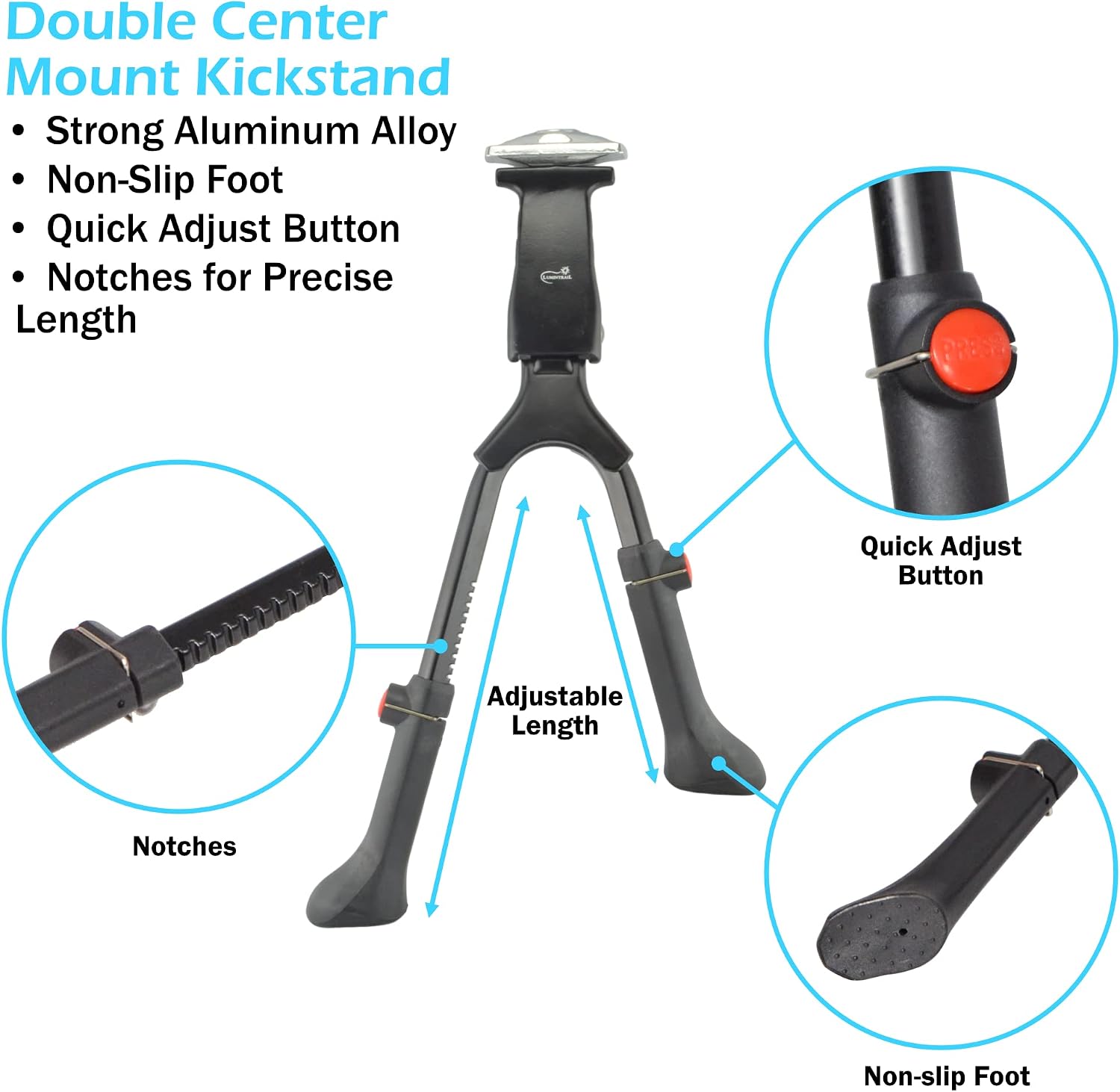 Lumintrail Center Mount Bike Double Leg Kickstand - Adjustable Height Kick Stands for 24, 26, 27.5, 29 Inch Adult Bicycles - Perfect for Cruiser, Road and Hybrids