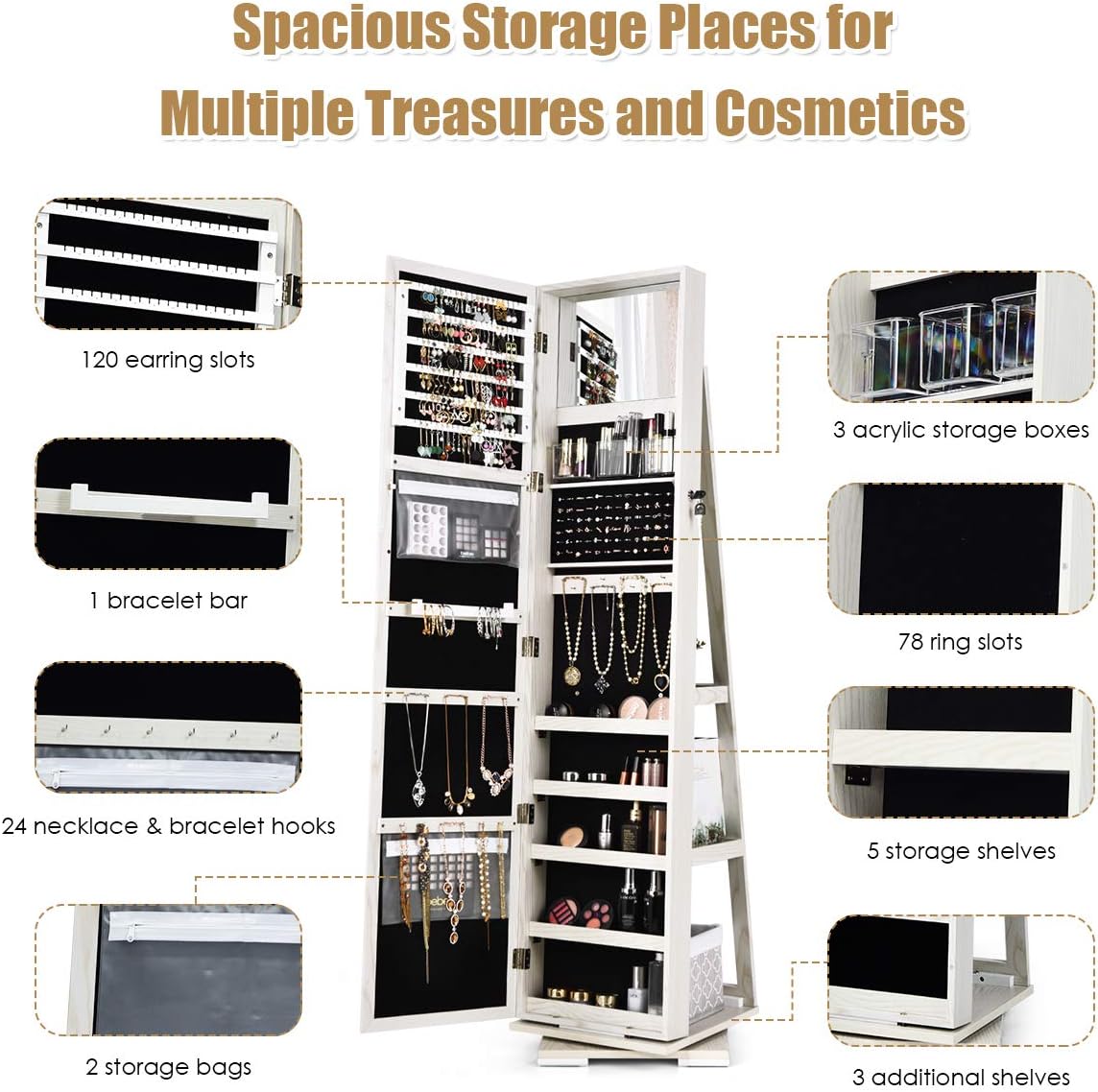 CHARMAID 360° Swivel Jewelry Armoire with Higher Full Length Mirror, Standing Lockable Jewelry Cabinet Organizer with Large Storage Capacity