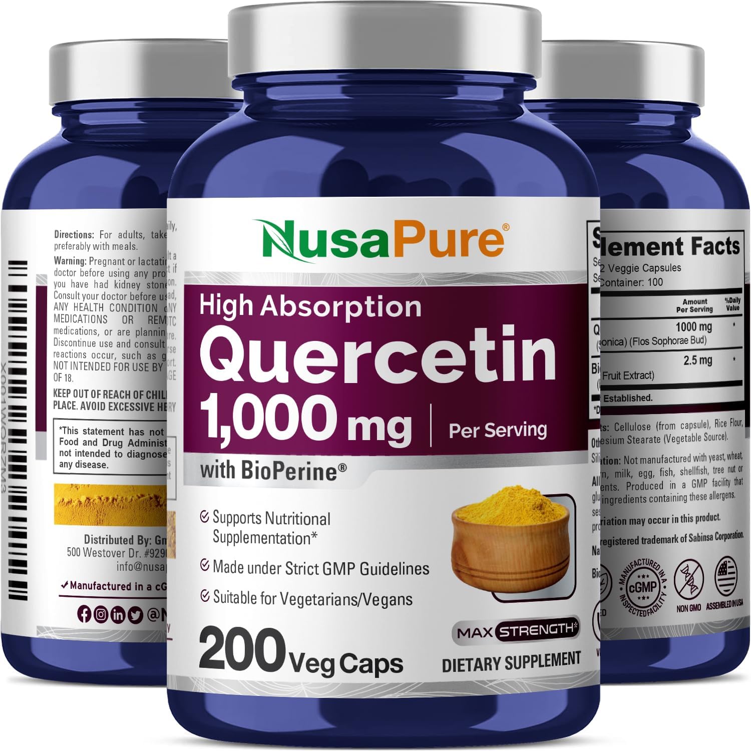 NusaPure Quercetin, Non-GMO, Vegan, 1000mg, 200 Veg Capsules - 100 Servings | Plant Based Formula, Sophora Japonica & BioPerine, Suitable for Adults
