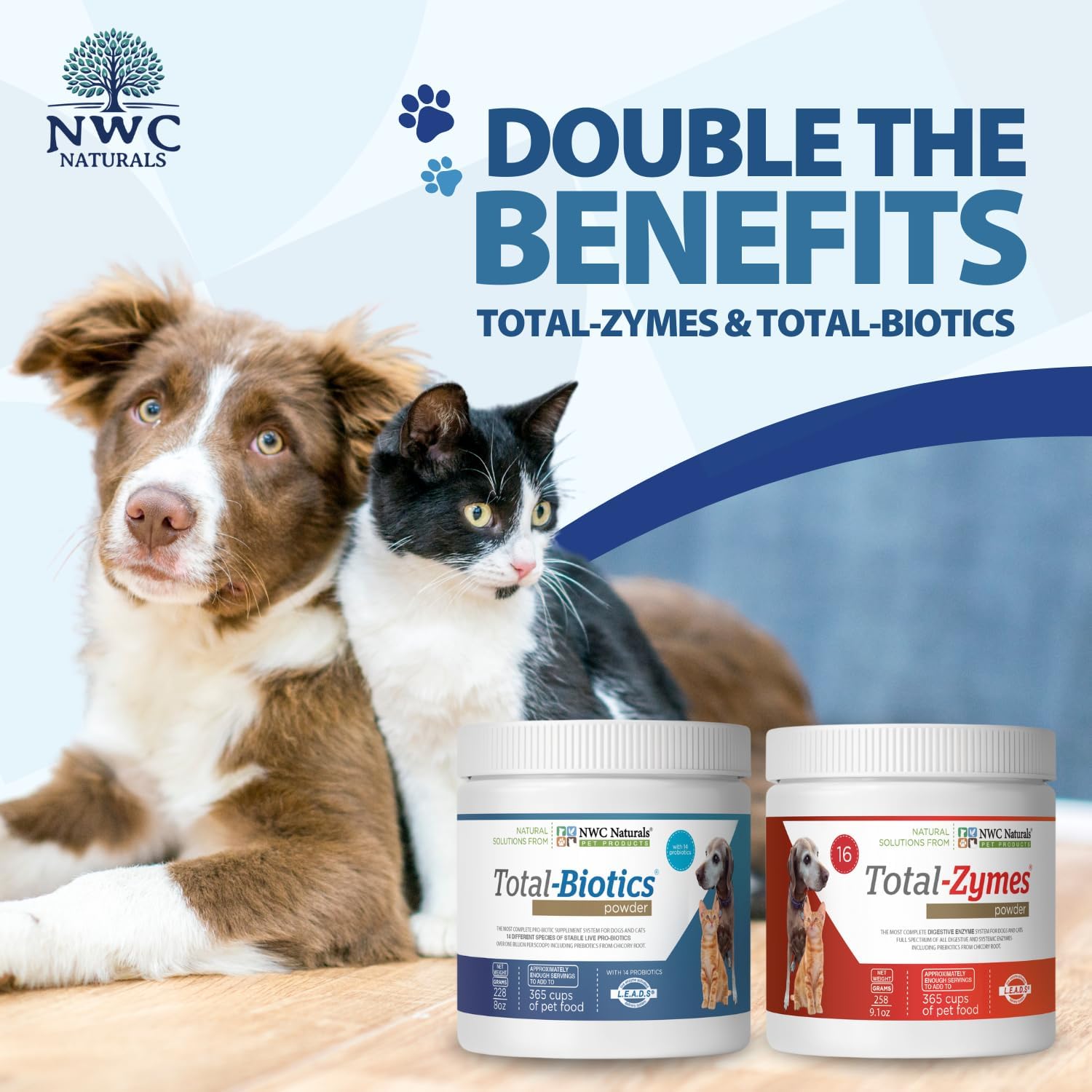 Pet Probiotic and Digestive Enzyme Powder Twin Pack, 2 Jar Set | 14 Probiotic Strains, 16 Digestive Enzymes, Flavorless Powders Blend with Pet Food, Each Jar Covers About 365 Cups of Food