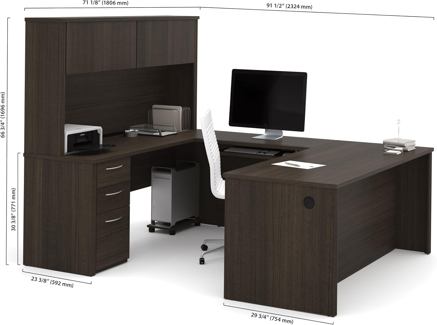 Bestar Embassy 72W U-Shaped Executive Desk with Pedestal and Hutch in Dark Chocolate | With Pedestal and Hutch, with Narrow Desk Shell, Desk Shell