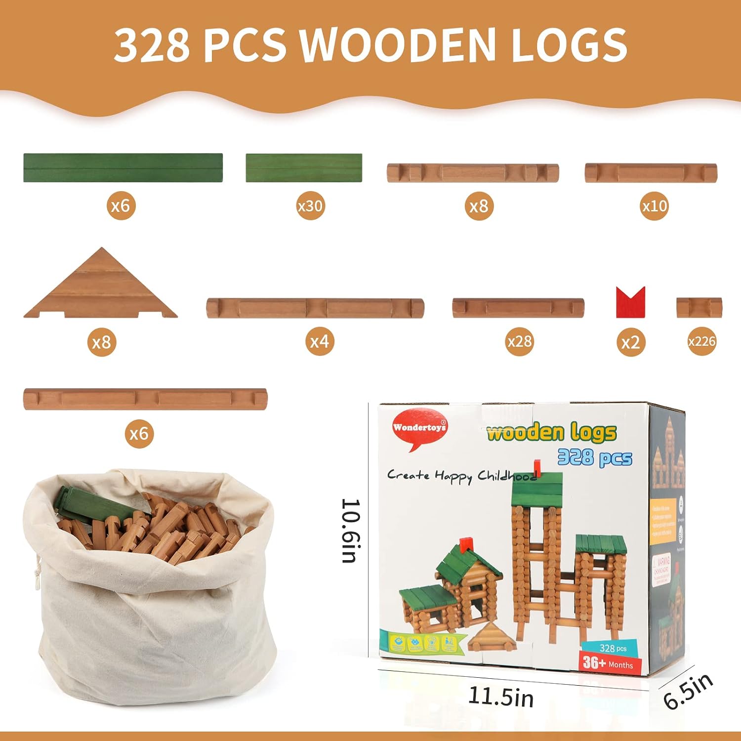 Wondertoys 170 Pieces Wood Logs Set Ages 3+, Classic Building Log Toys for Boy, Creative Construction Engineering Educational Gifts