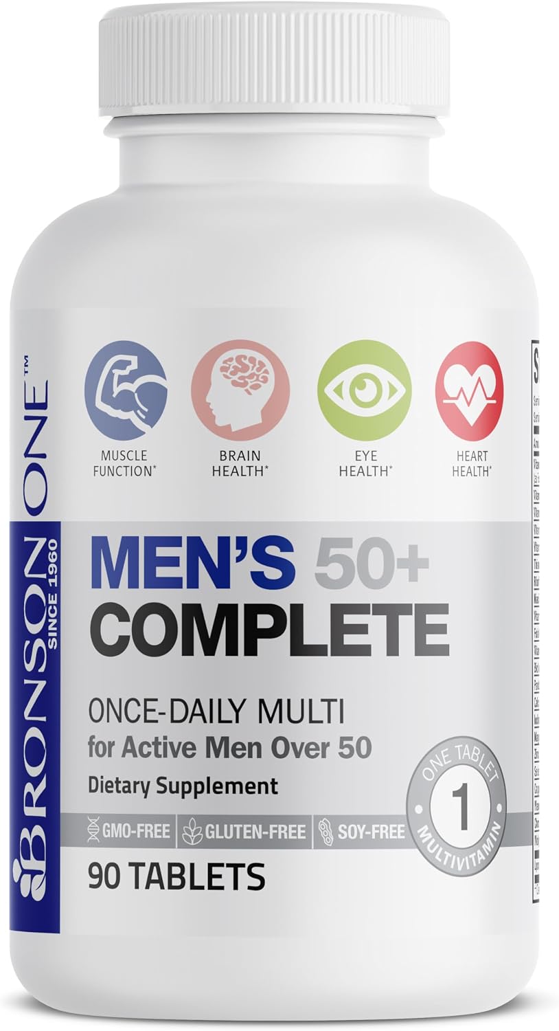 Bronson ONE Daily Mens 50+ Complete Multivitamin Multimineral, 180 Tablets | Once-Daily, Targeted Nutrition For Active Men Over 50, Non-GMO, Gluten-Free, Soy-Free