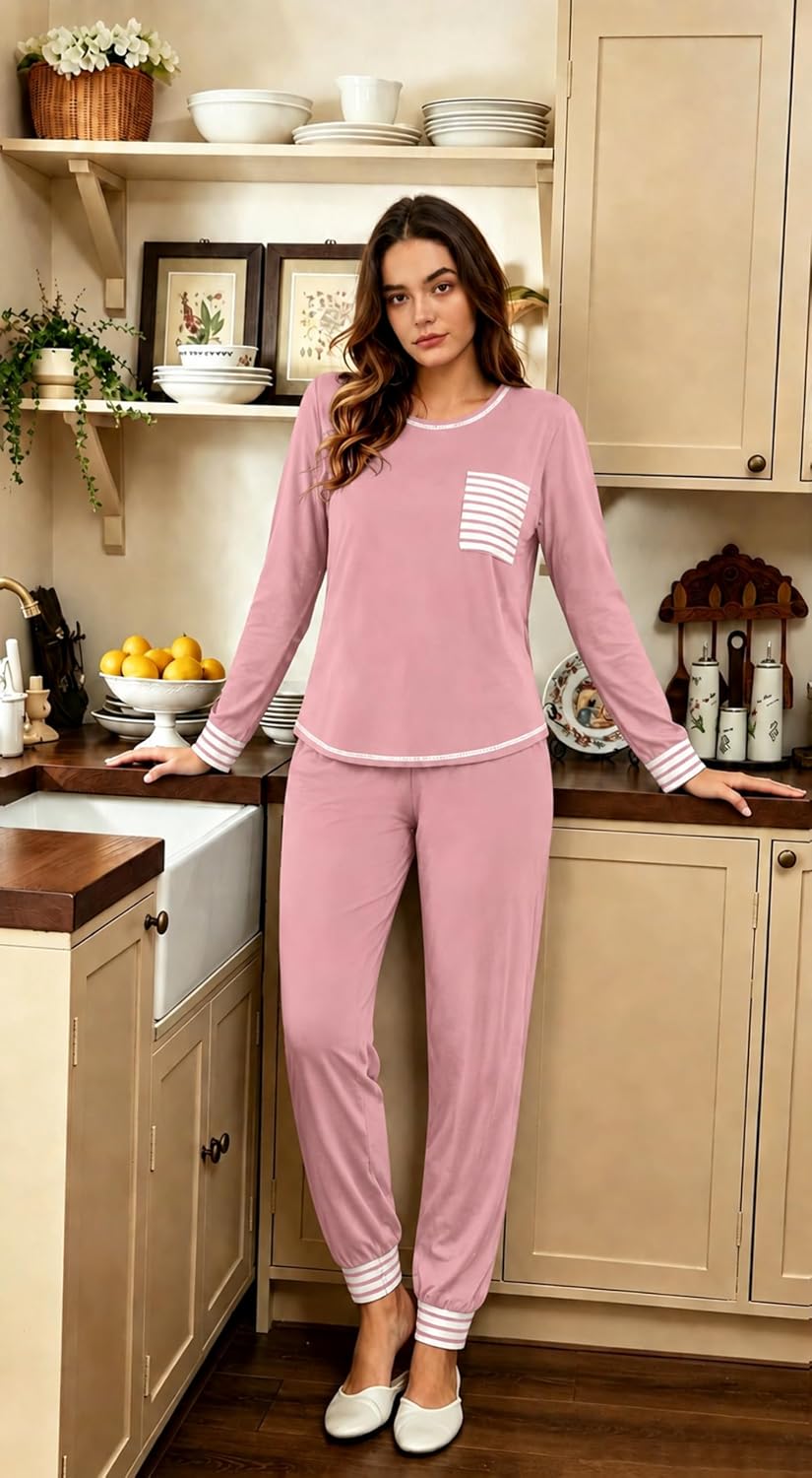 SWOMOG Women’s Pajamas Set Long Sleeve Sleepwear with Long Pants Soft Modal Loungewear Pj Set