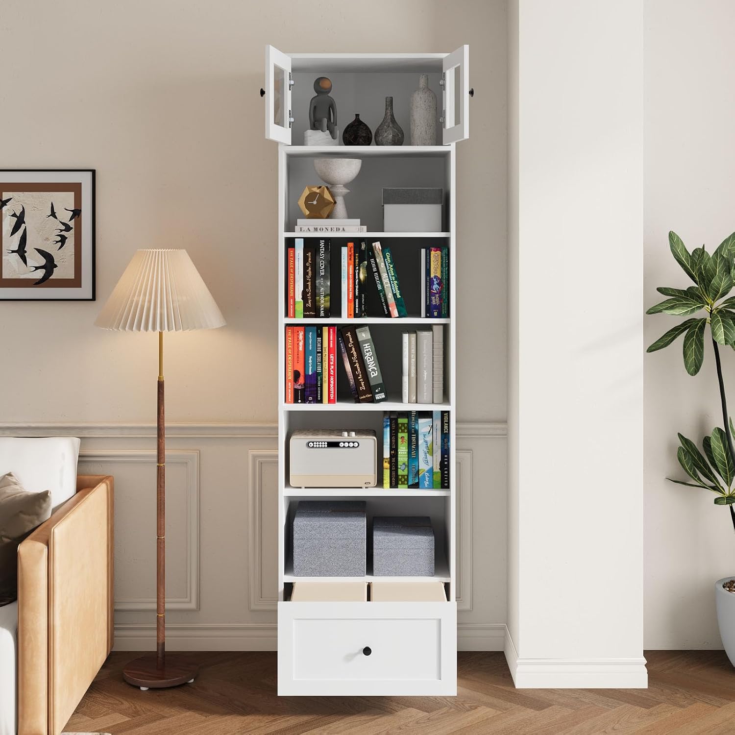 TUSY 85.5 Inch Tall Bookshelf with Doors - 7 Tier Bookcase with Glass Doors and Drawer, 23.6" Wide Storage Cabinet with Open Shelves for Living Room, White Book Shelf for Home Office, Study (AAAA)