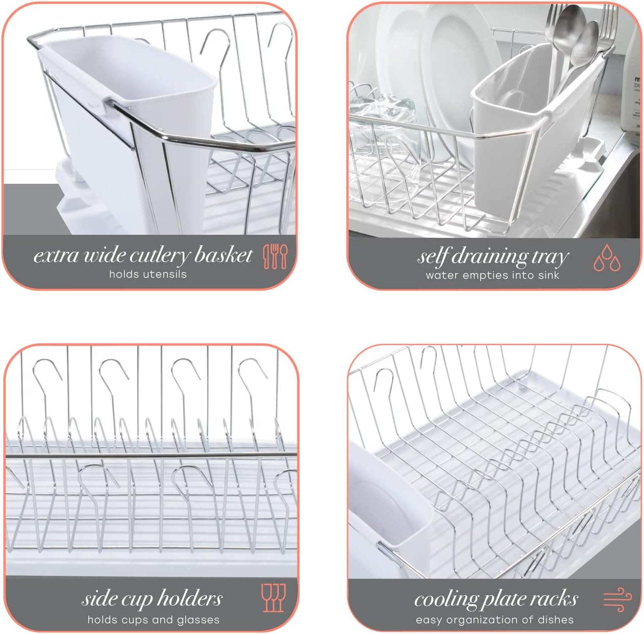 Kitchen Details 3 Piece Dish Rack | Drying Rack, Cutlery Basket & Drainboard Tray | Countertop | Self Draining | Open Wire Design | Chrome | White