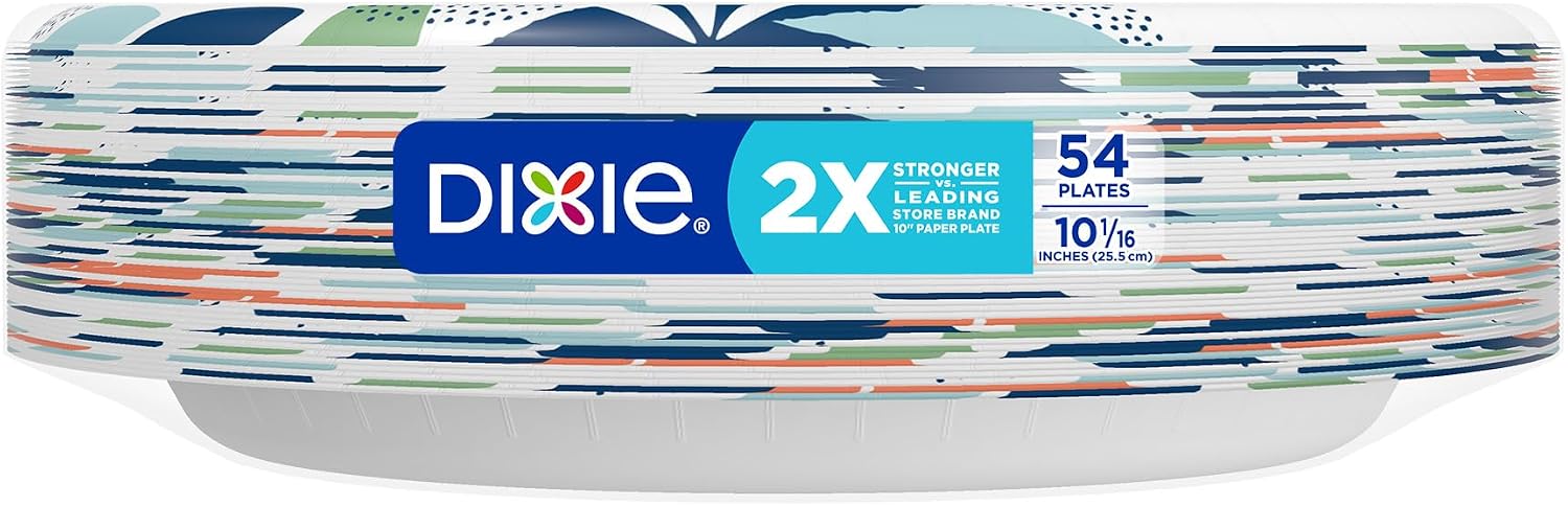 Dixie Large Paper Plates, 10 Inch, 54 Count, 2X Stronger, Microwave-Safe, Soak-Proof, Cut Resistant, Disposable Plates For Everyday Breakfast, Lunch, & Dinner Meals
