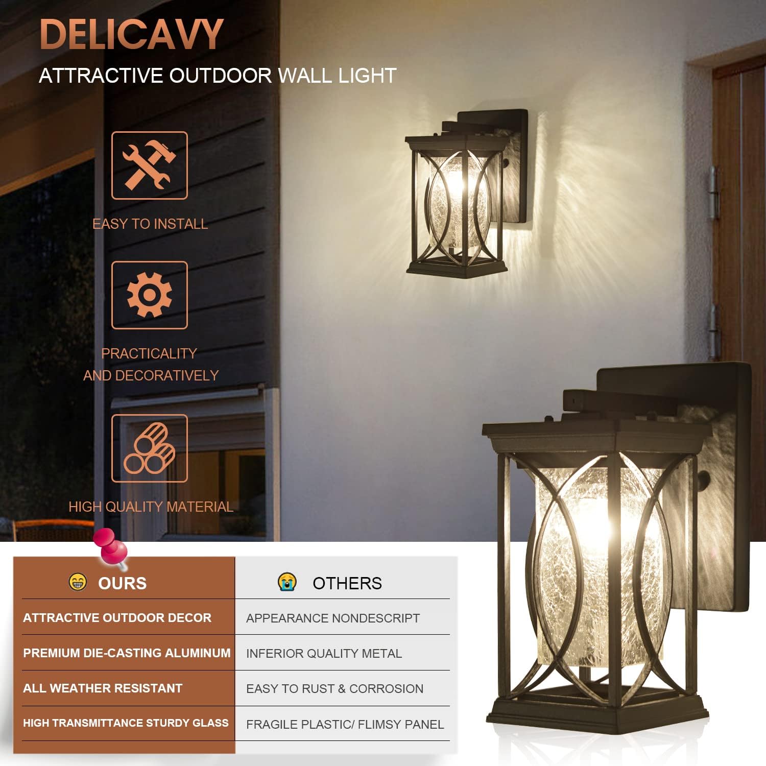 Dusk to Dawn Modern Outdoor Coach Lantern Exterior Light Fixtures Black Aluminum with Crack-Like Glass Waterproof Wall Sconce Mission Outside Light