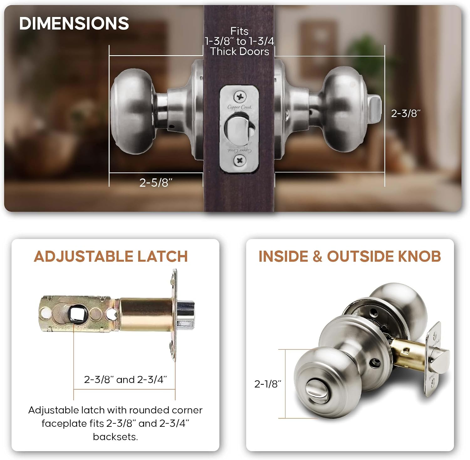 Copper Creek Colonial Privacy Interior Door Knob – ANSI Grade-3 Certified, Modern Heavy Duty Handle, Easy Install and Reversible for Bedroom, Bathroom and Closets – Satin Stainless (1 Pack)