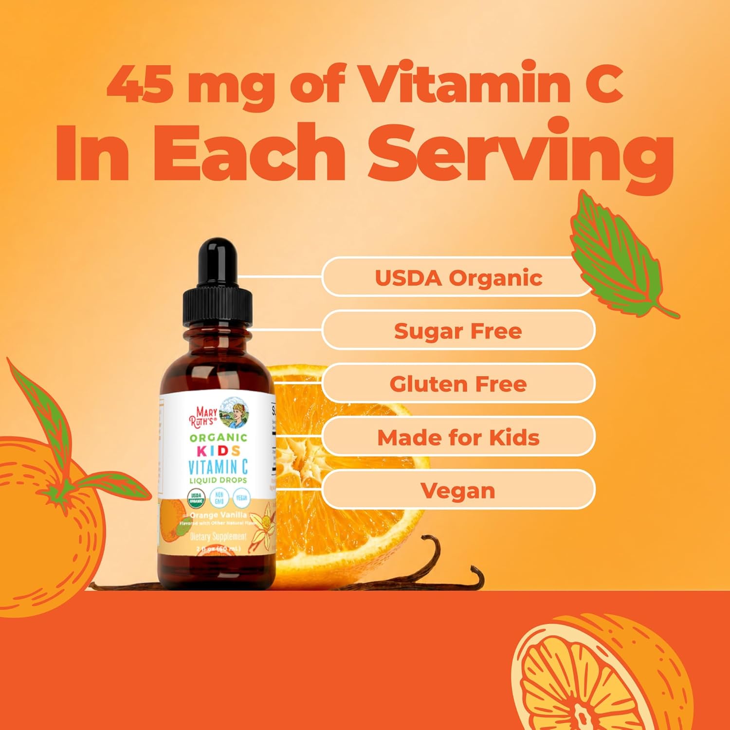 MARYRUTH'S Organic Vitamin C Supplement | Liquid Vitamin C Liquid Drops for Adults & Kids | Immune Support Supplement for Overall Health | Vegan