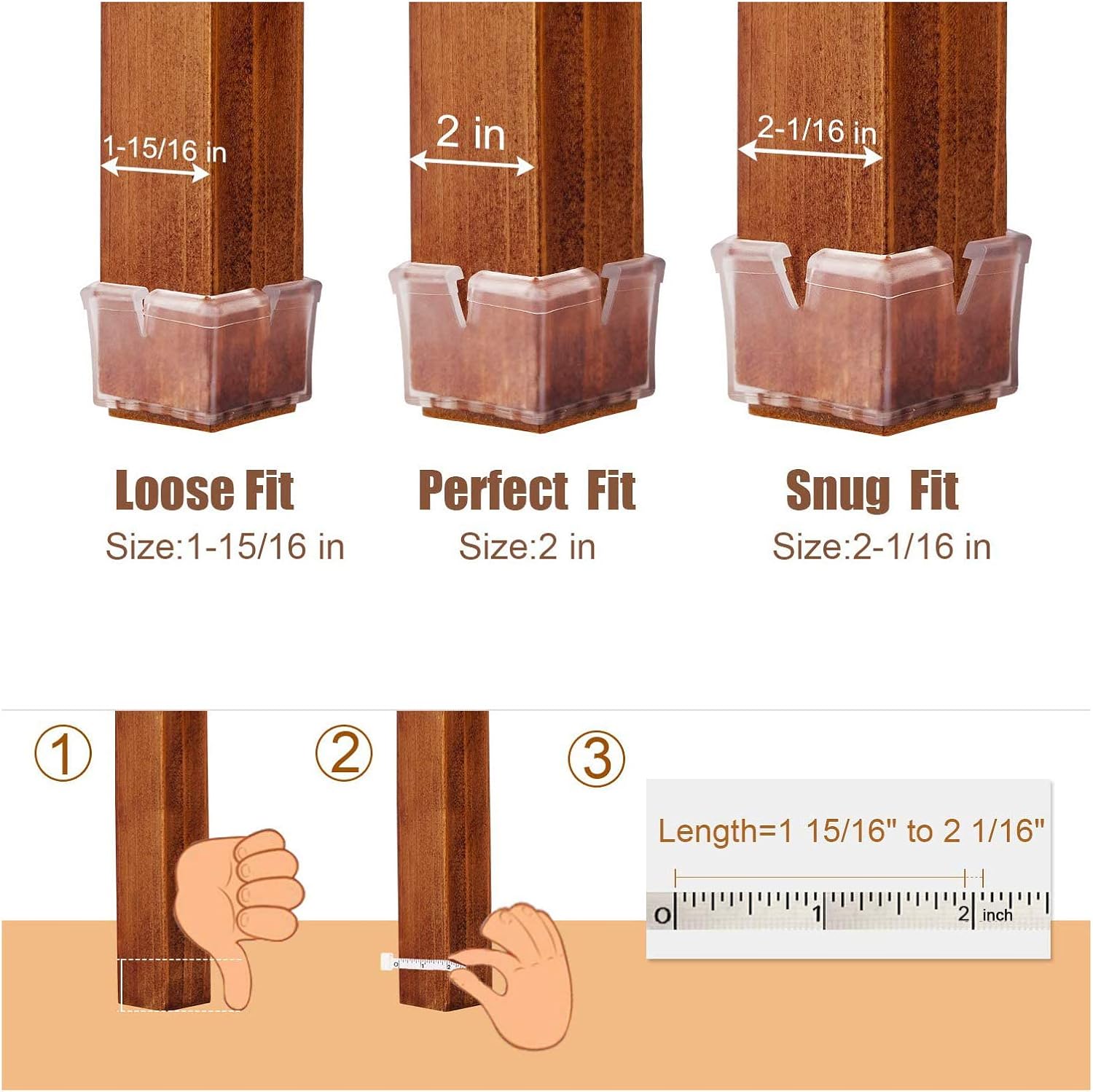 Large Table Leg Floor Protectors 1-15/16" to 2-1/16" (49mm-53mm) Large Furniture 2 inch Sofa Leg Caps Square Silicone