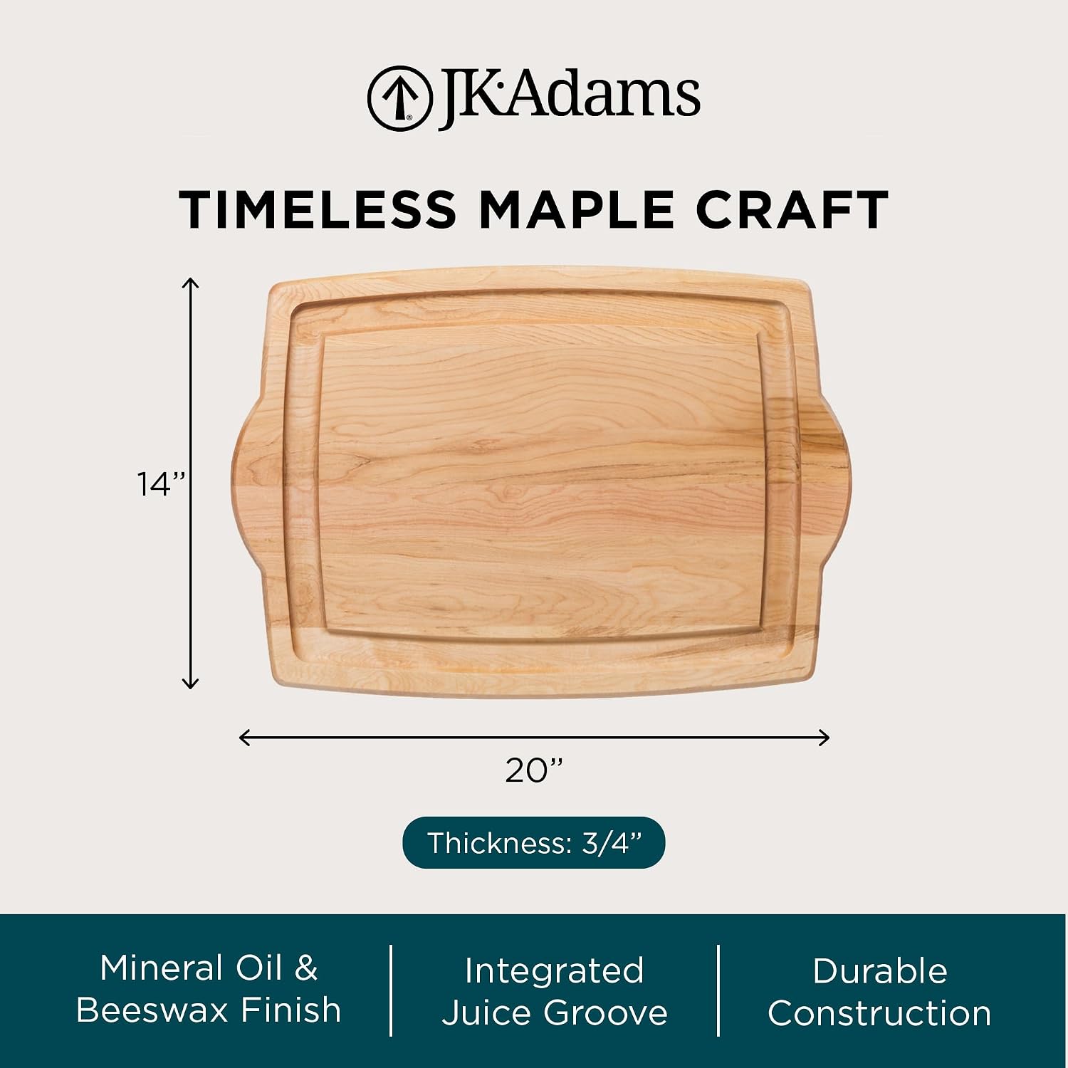 J.K. Adams Farmhouse Carving Board w/ Juice Groove, 14" x 20" | Maple Wood Kitchen Cutting Board for Food Prep and Chopping