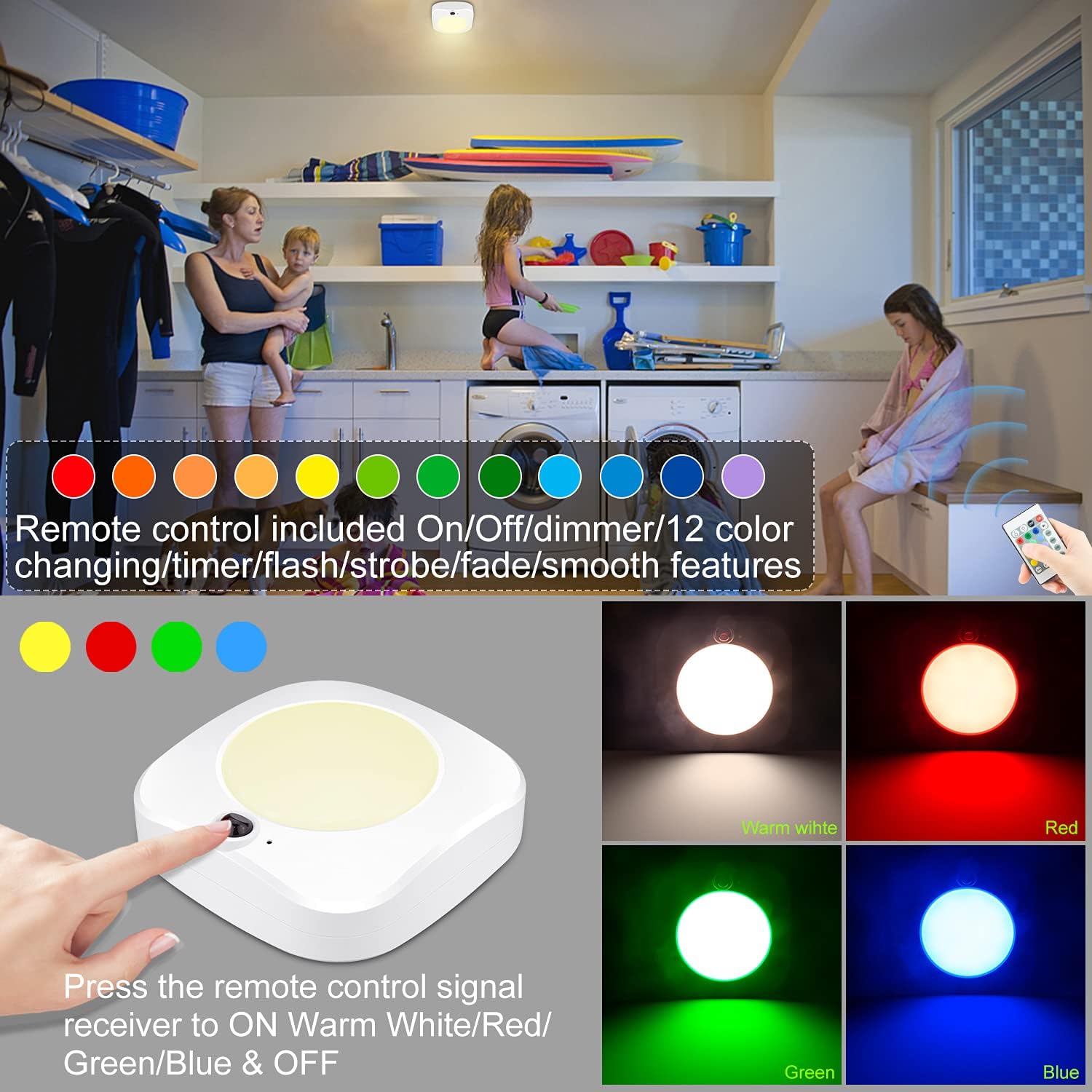 BIGMONAT Wireless Ceiling Light with Remote and Timer, Dimmable Motion Sensor Shower Light