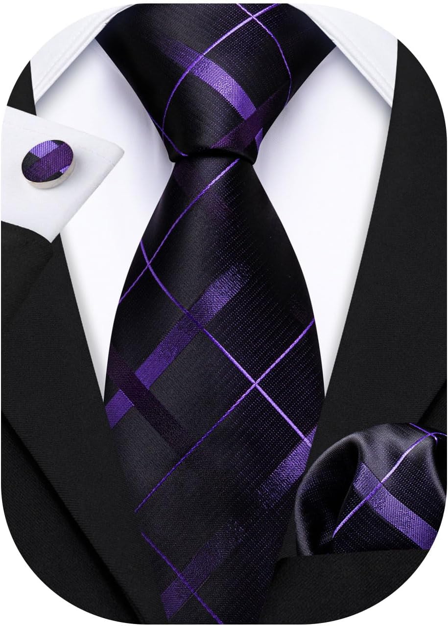 Barry.Wang Plaid Ties for Men Silk Necktie Handkerchief Cuff Links Set