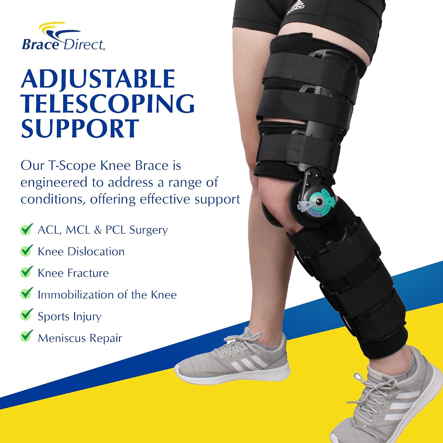 Brace Direct Post Op ROM Telescoping Hinged Knee Brace, ACL & MCL Recovery | Hinged full-leg brace & immobilizer that aids PCL