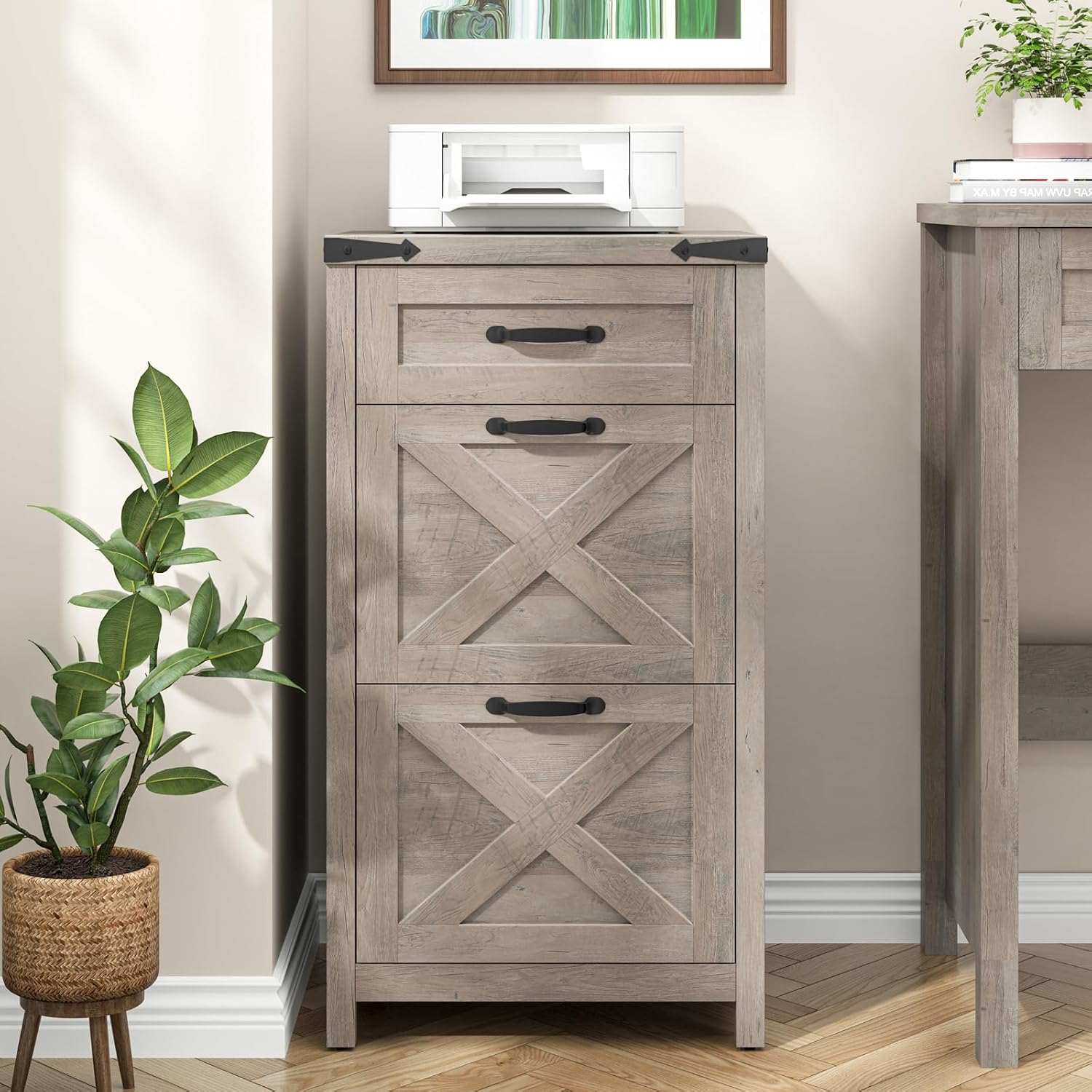 3 Drawers Tall Farmhouse File Cabinet with Wheels for Home Office, Black | Halitaa Vertical Filing Cabinet Fits Letter/A4 Size, Rolling File Cabinet Wooden Printer Stand for Home Office