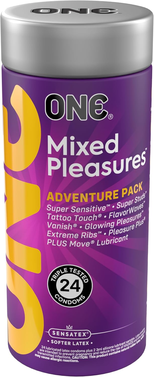 ONE® Condoms Mixed Pleasures™ Variety Pack | Ultra Thin, Glowing, Flavored, and Textured Condoms | 24 Count