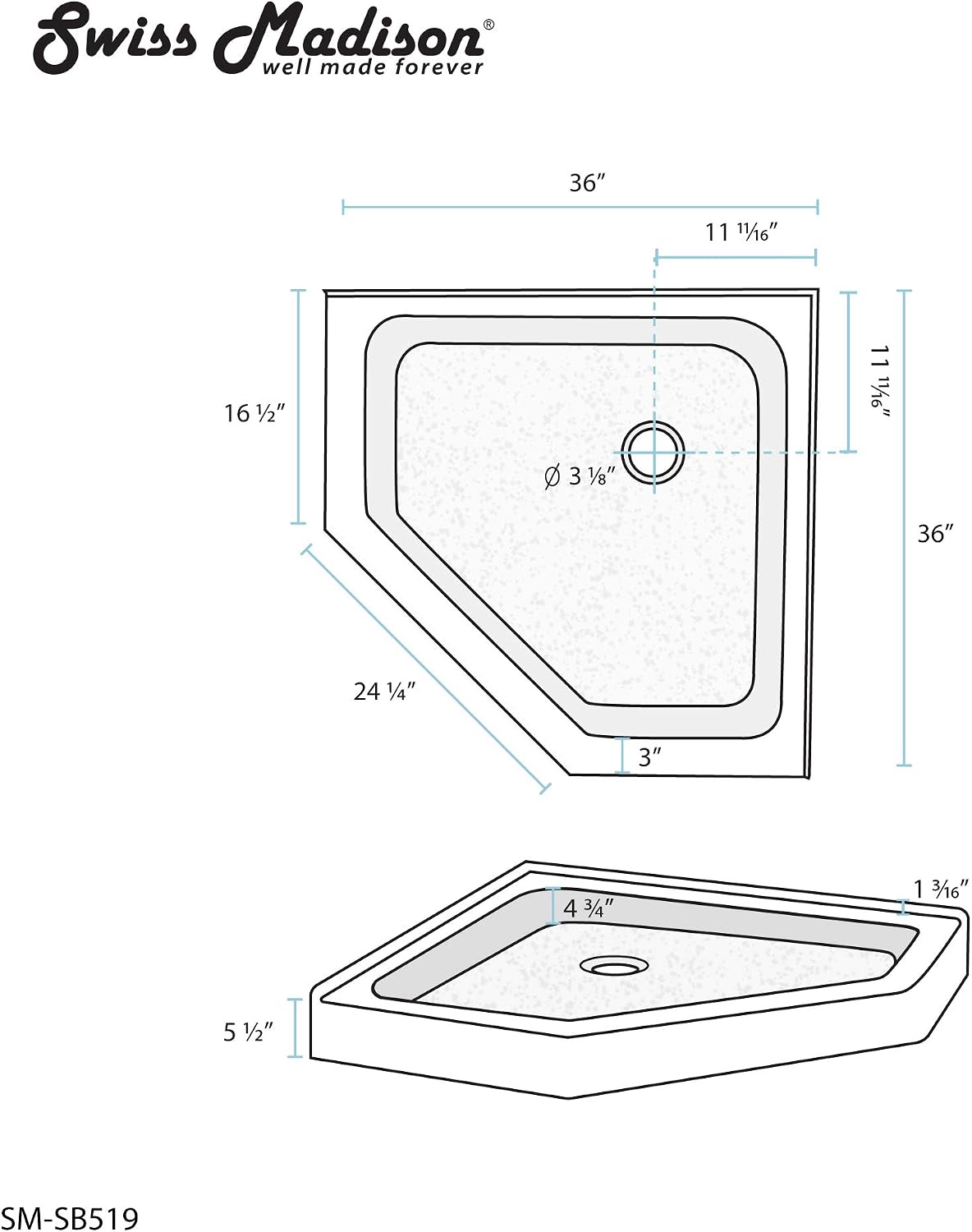 Voltaire 32" x 32" Acrylic White, Single-Threshold, Center Drain, Neo-angle Shower Base