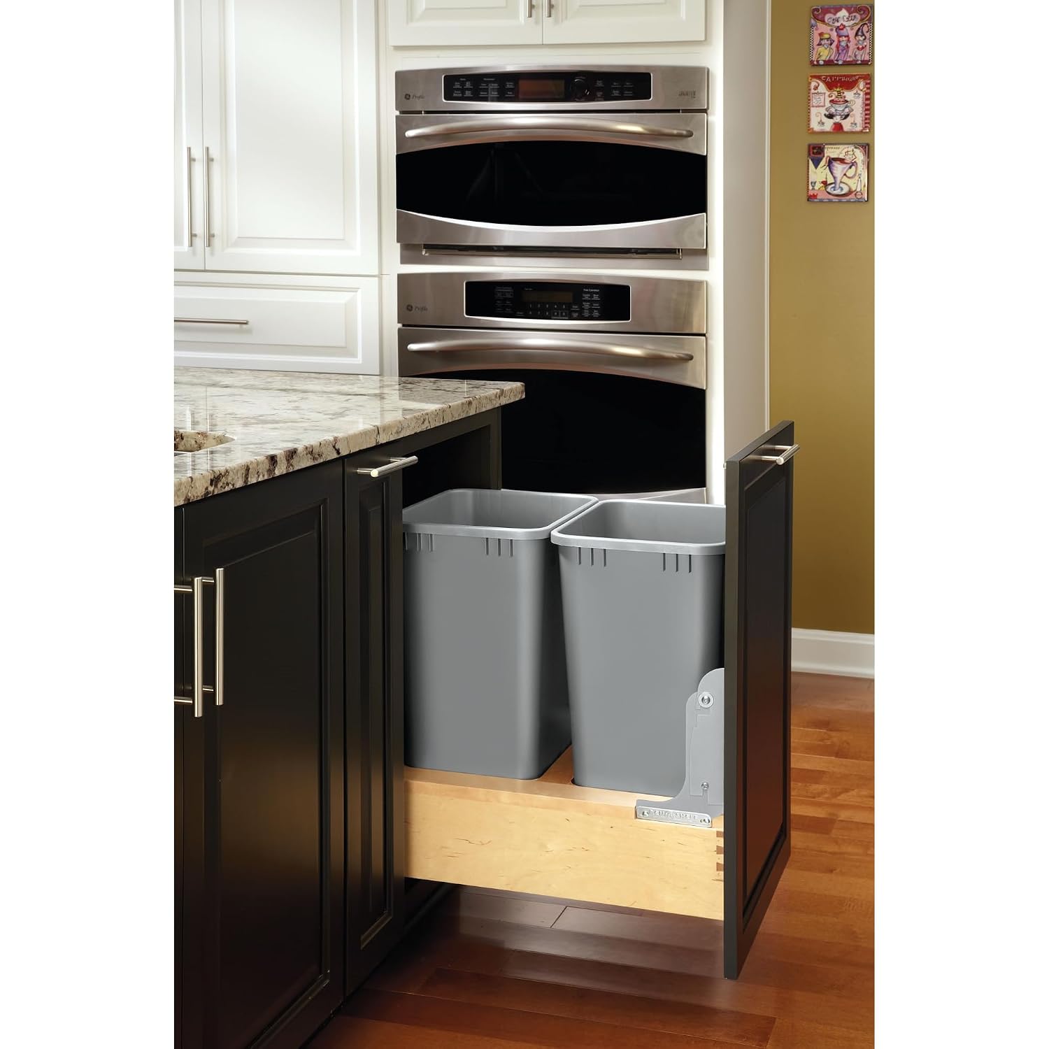 Rev-A-Shelf Pullout Under Counter Trash Can, 50 Qt 12.5 Gal Garbage Container with Soft-Close and Soft-Open Slides, Silver, 4WCBM-1550DM-1