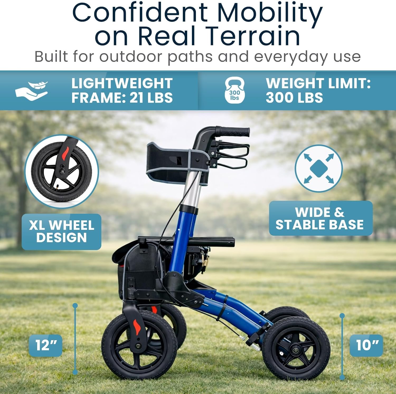 Vive All-Terrain Rollator Walker with 12” Pneumatic Wheels - Padded Seat | Backrest