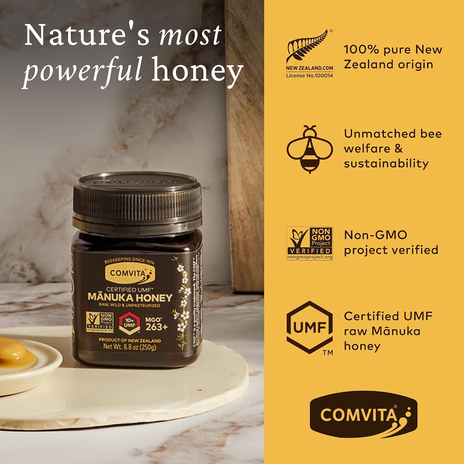 Comvita Manuka Honey UMF 10+ (MGO 263+), Monofloral - 500g (17.6 Oz) | Raw Manuka Honey New Zealand, Pure & Unpasteurized, Superfood for Immune Health, Wild, Use in Tea, Non-GMO