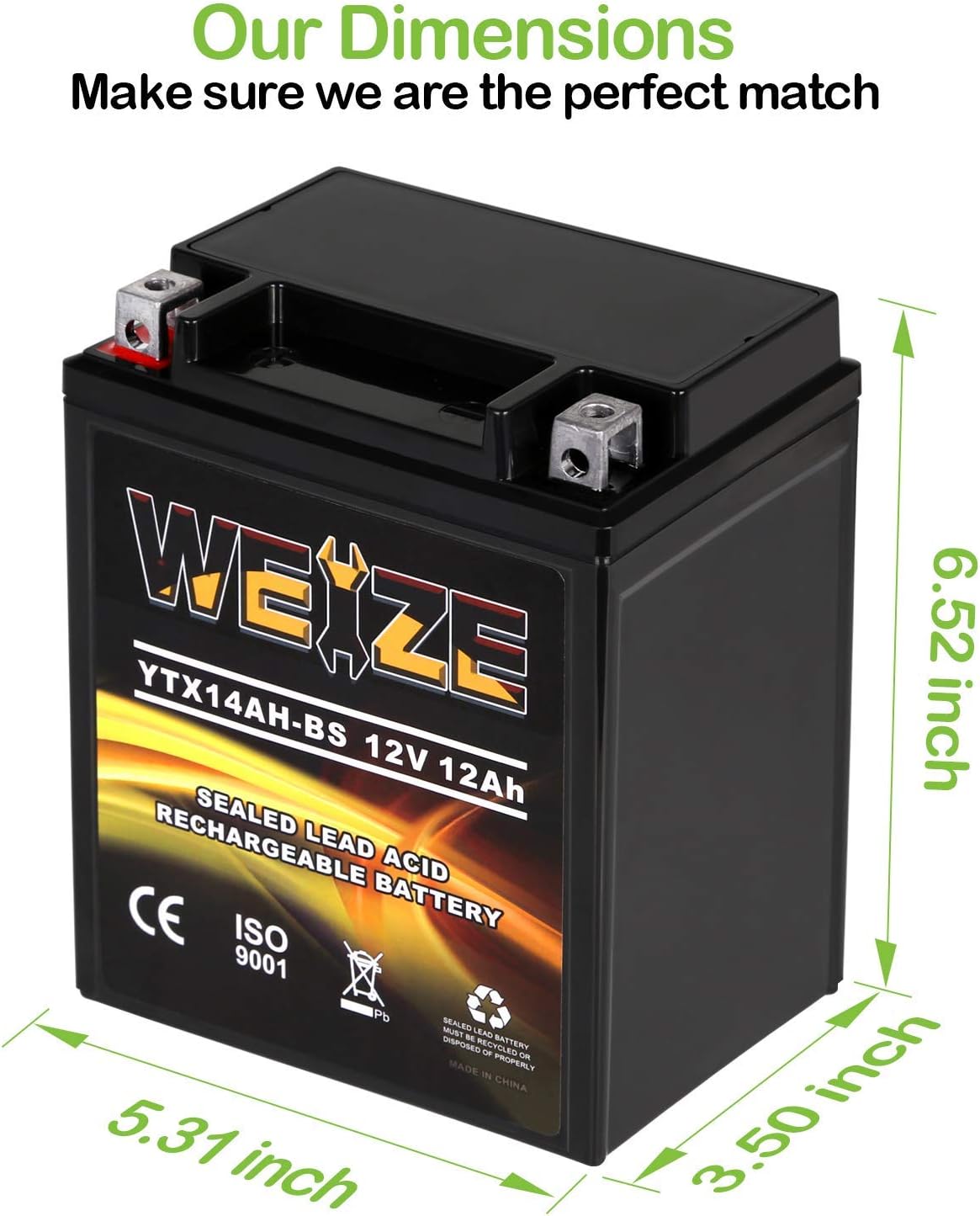 Weize YTX14 BS ATV Battery High Performance - Maintenance Free - Sealed AGM YTX14-BS Motorcycle Battery compatible with Honda Suzuki Kawasaki Yamaha scooter snowmobile