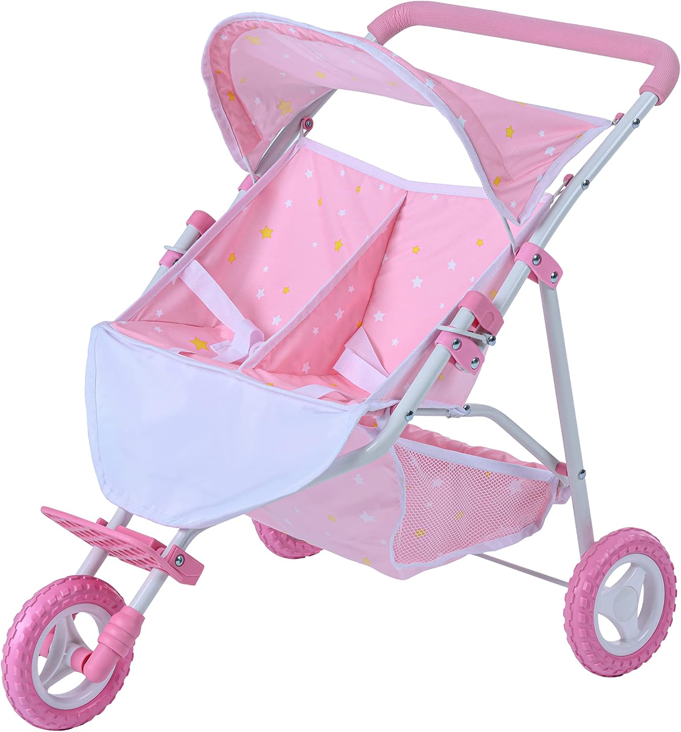 Olivia's Little World Doll Jogging-Style Stroller with Canopy, Storage Underneath, Pink and Cream and Gray | Canopy, Storage Underneath