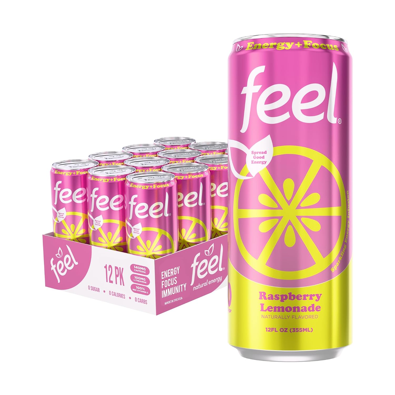 FEEL Variety Pack – Zero Sugar Sparkling Energy Drink – 3 Flavor Assortment, 140mg Plant-Based Caffeine from Green Coffee Beans + L-Theanine – Vitamin C, Vegan, Non-GMO – 12 Pack (12 Fl Oz Cans)