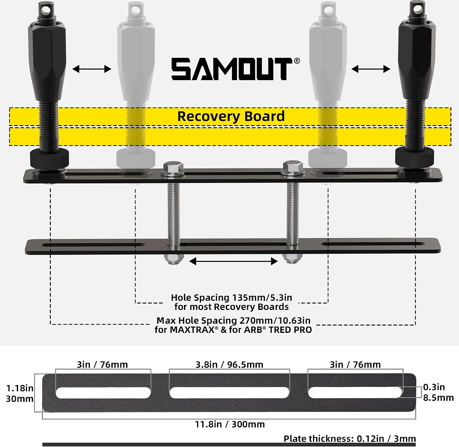 Recovery Board Mount Kit, Universal Bracket for Traction Tracks, Adjustable DIY Lockable Pin Set for Roof Rack, Crossbar & Cargo Basket