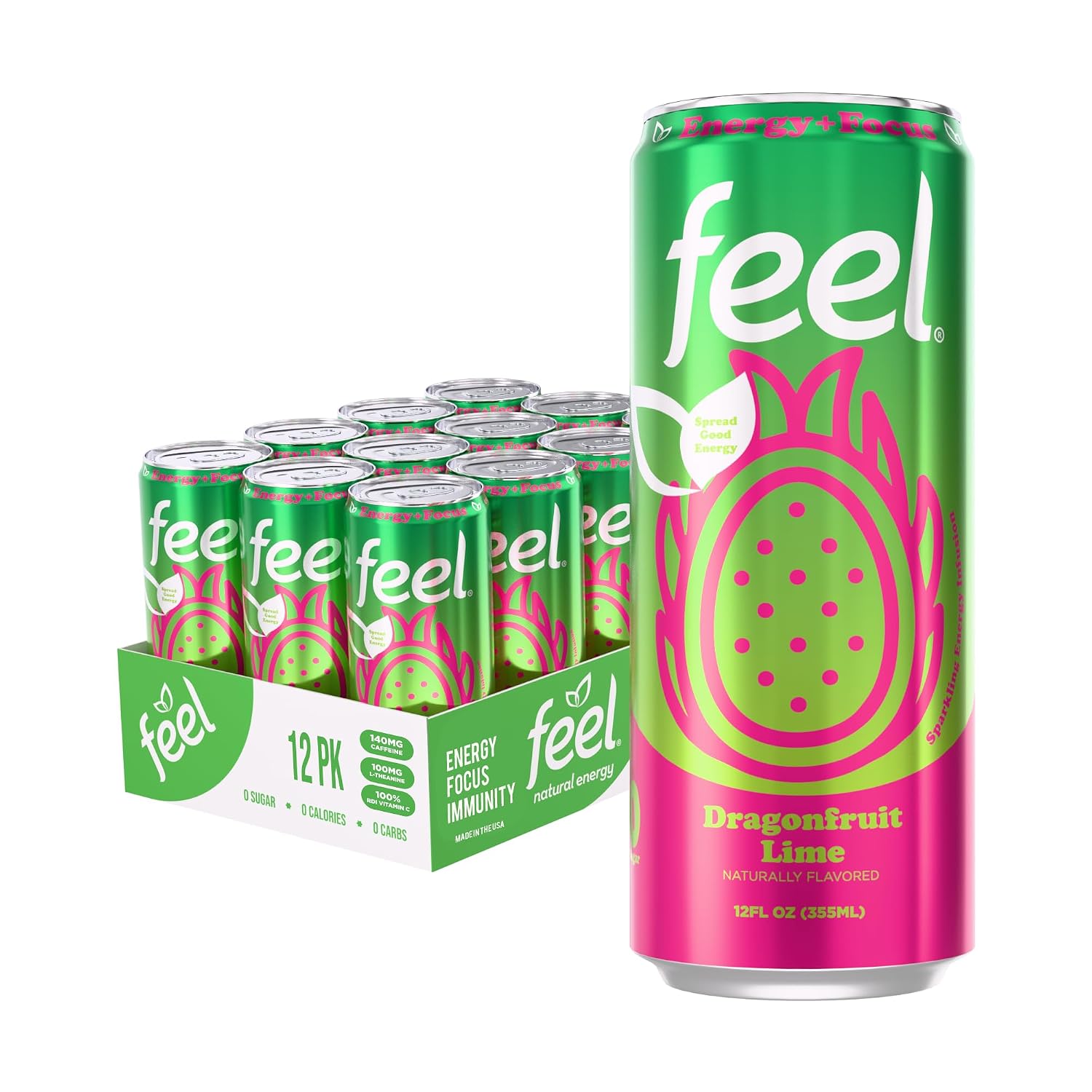 FEEL Variety Pack – Zero Sugar Sparkling Energy Drink – 3 Flavor Assortment, 140mg Plant-Based Caffeine from Green Coffee Beans + L-Theanine – Vitamin C, Vegan, Non-GMO – 12 Pack (12 Fl Oz Cans)