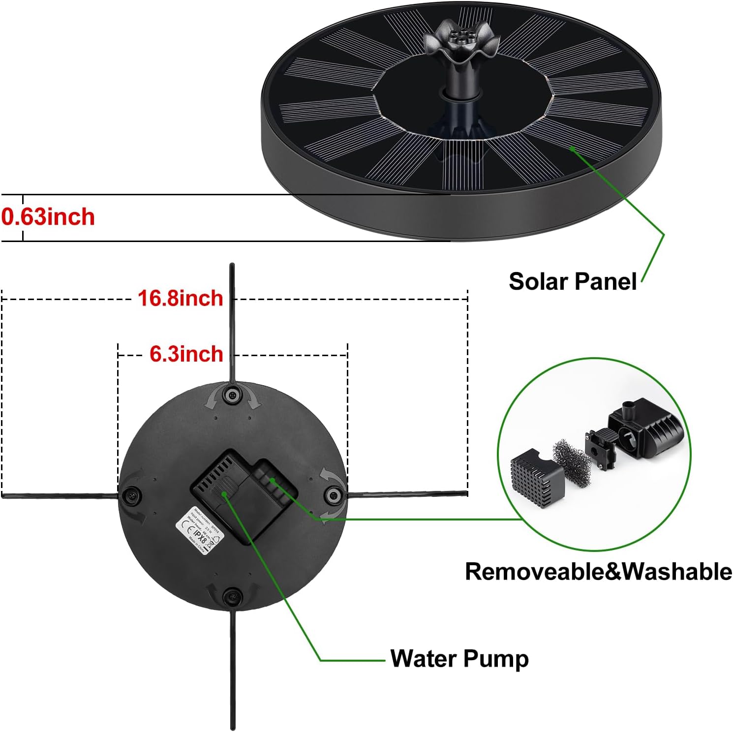 SEIRMEP Solar Fountain Pump with Spray Height Adjustment, Upgrade Glass Solar Bird Bath Fountains with 6 Nozzles