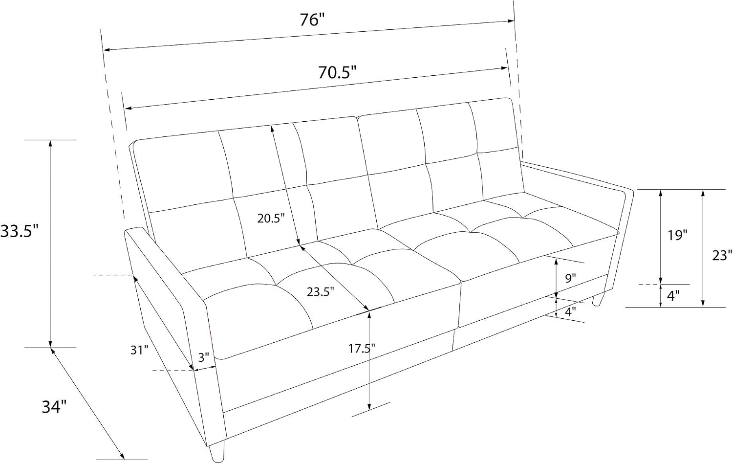 DHP Andora 76 Inch Futon Sofa Bed, Modern Upholstered Couch Sleeper with Button Tufted Back and Seat, Navy
