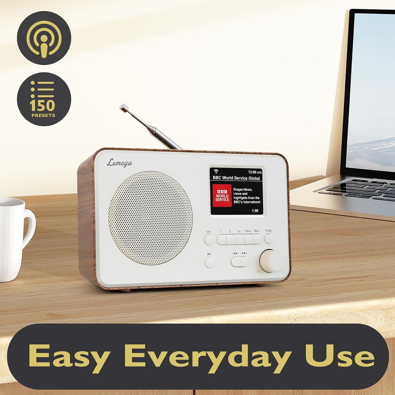 LeMega IR1PRO Internet Radio, Podcasts, Bluetooth, FM, Walnut | Alarm clock, full colour display, mains or AA battery, compact kitchen radio, snooze