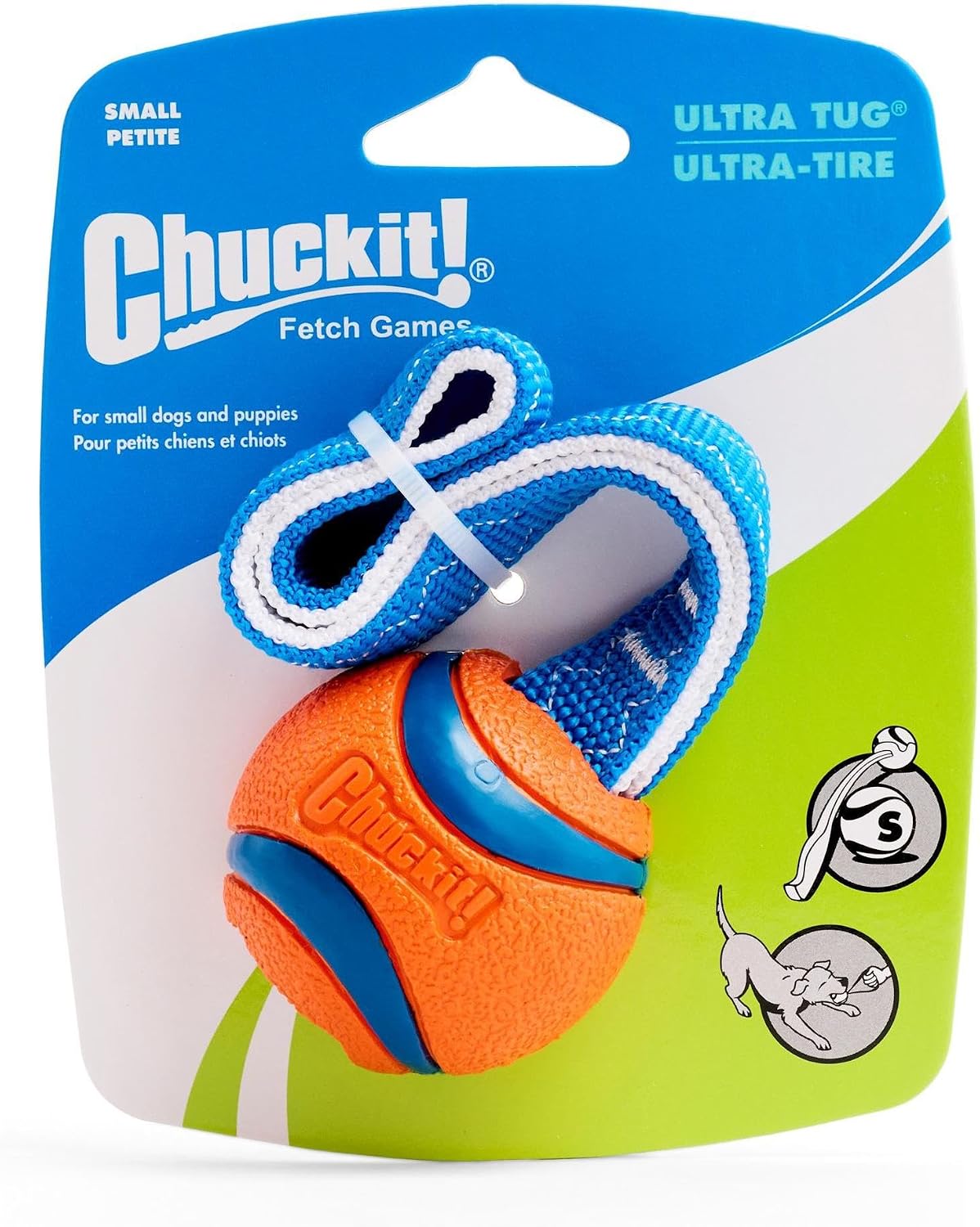 Chuckit! Ultra Tug Dog Toy - Ultra Ball on a Durable Nylon Cord Handle - Fetch and Tug-of-War Toy for Dogs - Size Large - For Breeds 60-100 lbs - 3-inch Diameter - Orange and Blue