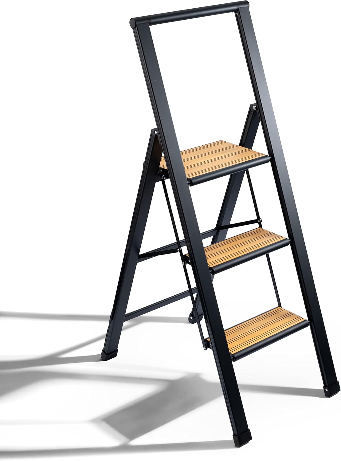 Step Ladder 2 Step Folding, Decorative - Beautiful Bamboo & Silver Aluminum, Ultra Slim Profile, Anti Slip Steps, Sturdy-Portable for Home, Office
