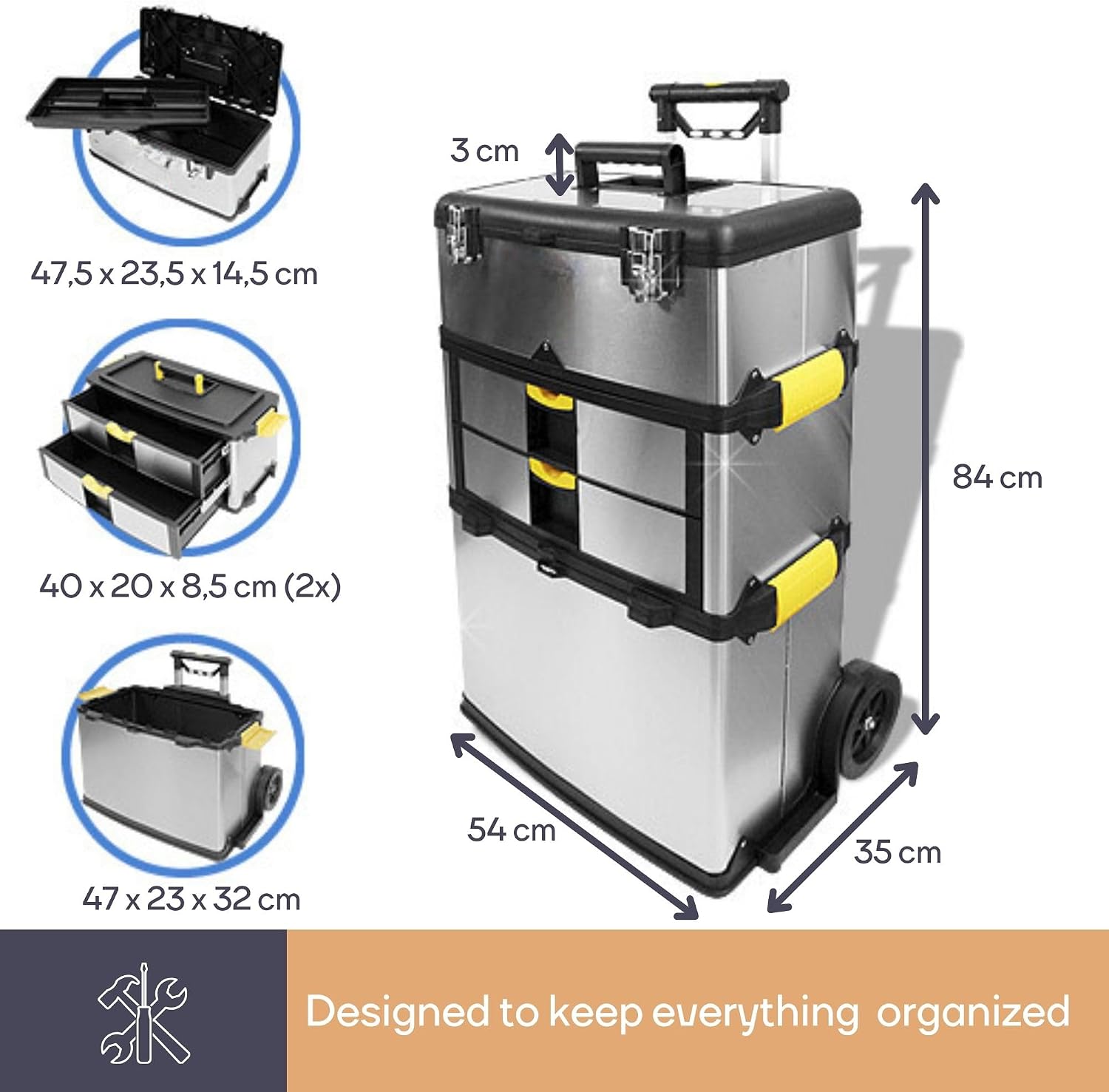 Perel OTBA4 Roller Toolbox Stainless Steel 570 x 354 x 830 mm