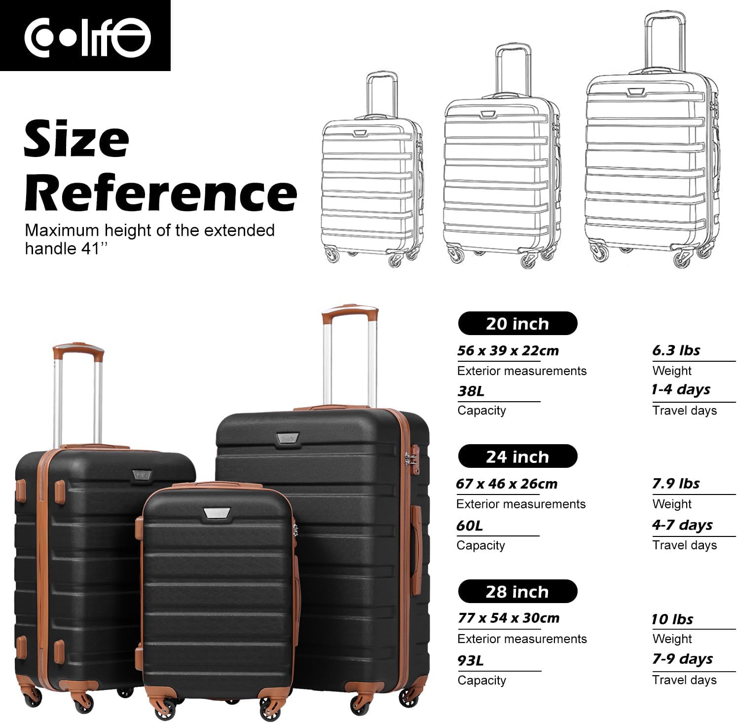 Coolife Luggage Set, Lightweight Durable Hardshell, 3 piece, Apricot White | suitcase set with 360° Spinner Wheels, TSA-approved Lock