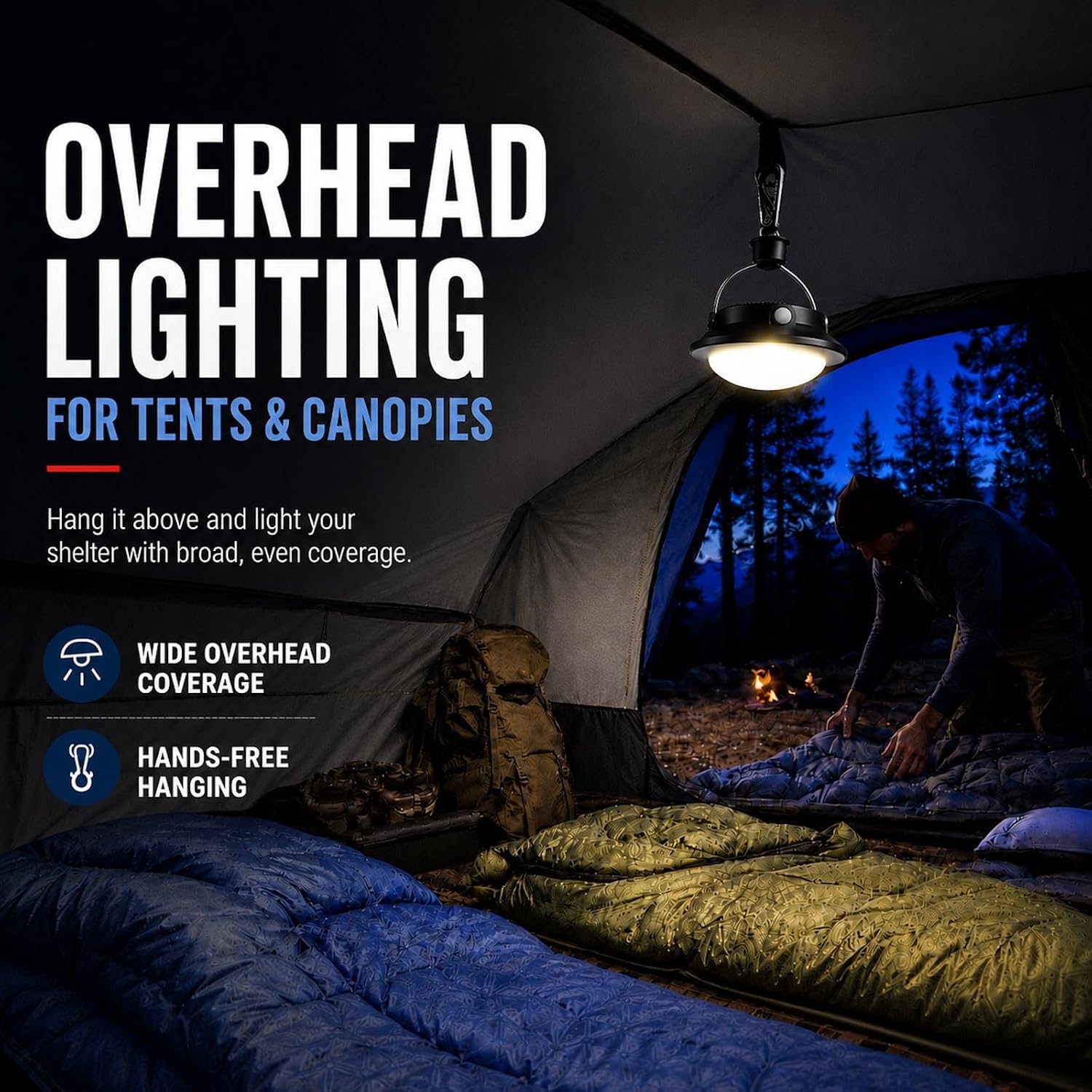 Rechargeable Tent Light, Hanging LED Canopy Light for Camping & RV | 500 lumens, dimmable + red mode, magnetic + angle-adjustable, USB-C fast