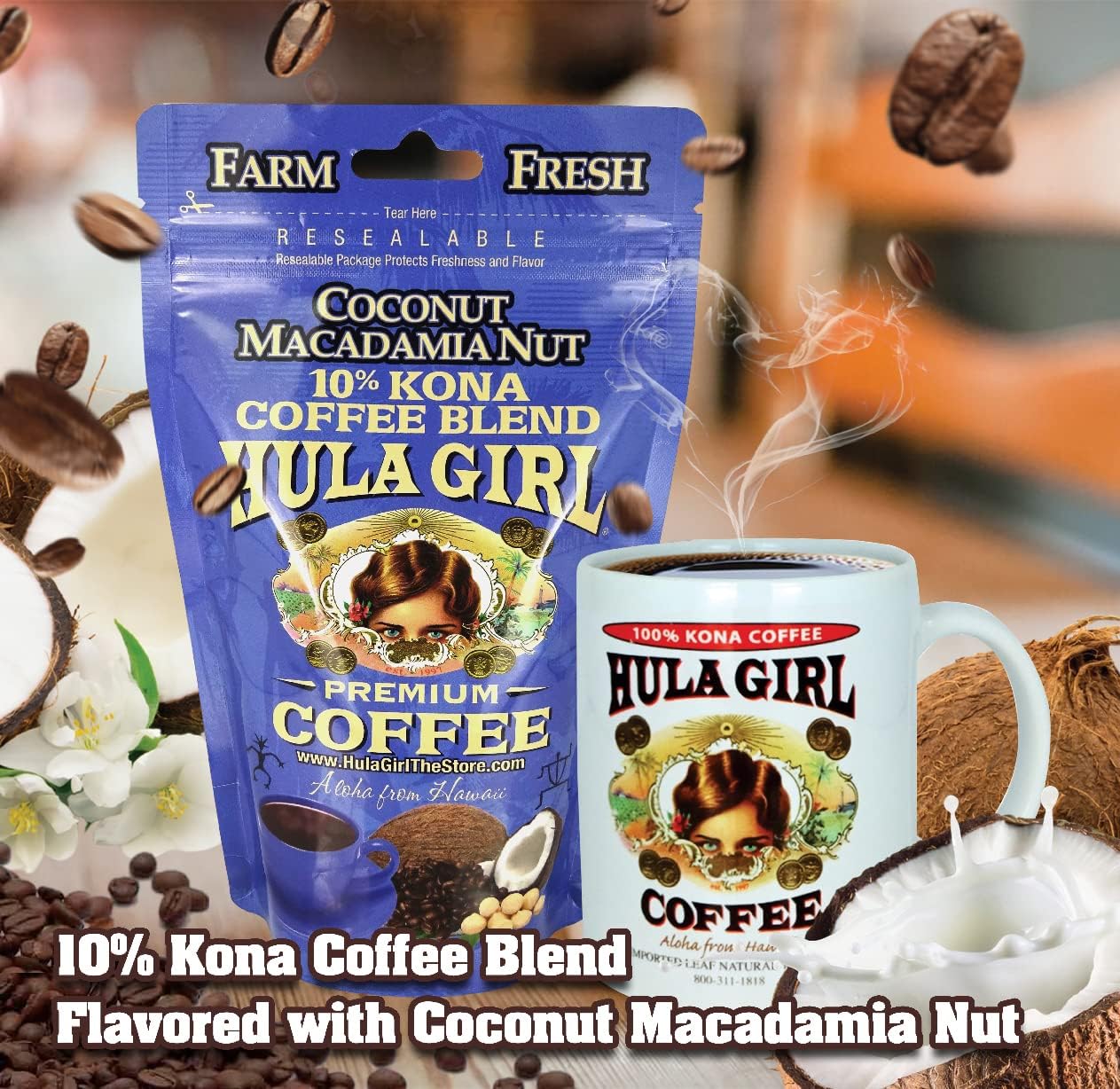 Hula Girl 10% Kona Ground Coffee, Grown in Hawaii, Hand Picked, Sun Dried, Fresh Roasted and Packed in Hawaii for 30 years, 7 Ounce