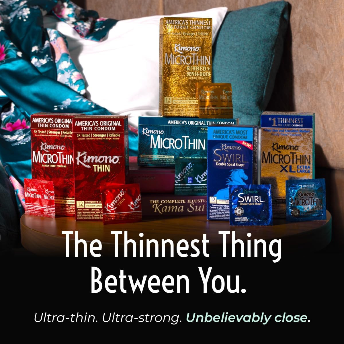 Kimono MicroThin Sheer Variety Pack of 12 - Multiple Styles of Ultrathin Condom Shapes, Unique Designs in One Pack, Natural Latex Condoms, Vegan-Friendly, No Latex Odor - Enhanced Sensitivity