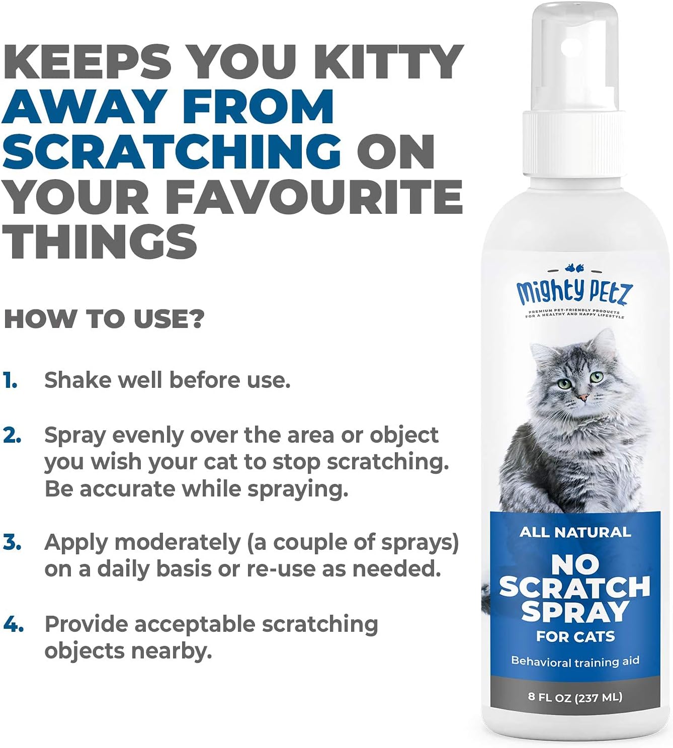 Mighty Petz Cat Deterrent Spray - Cat Indoor Repellent for Furniture, Plants, Couch Protector. Safe