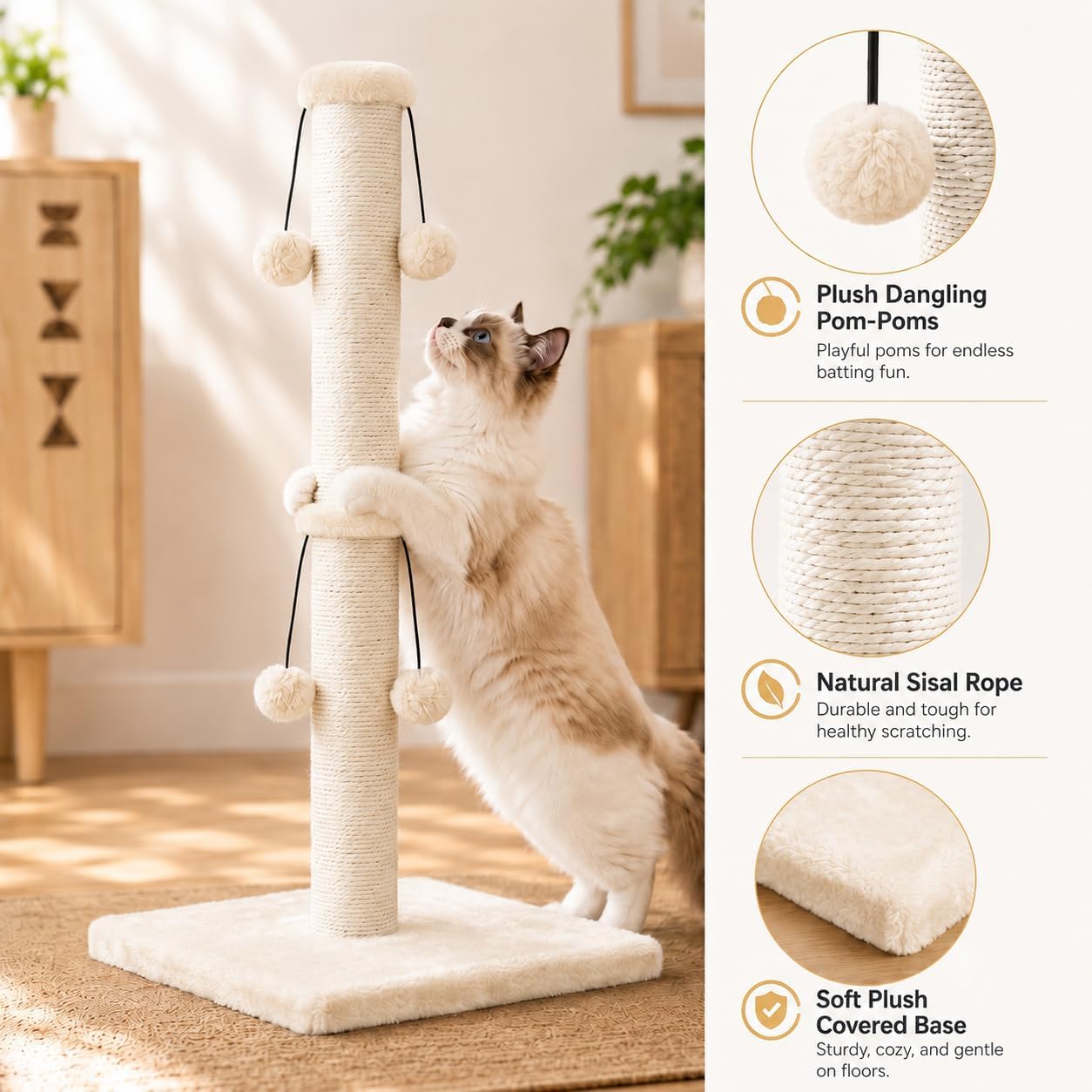 Dimaka 29'' Cat Scratching Post, Natural Sisal Rope Scratcher Post, Kitten Claw Scratch with 4 DanglingToy Balls for Large Cats (Grey)
