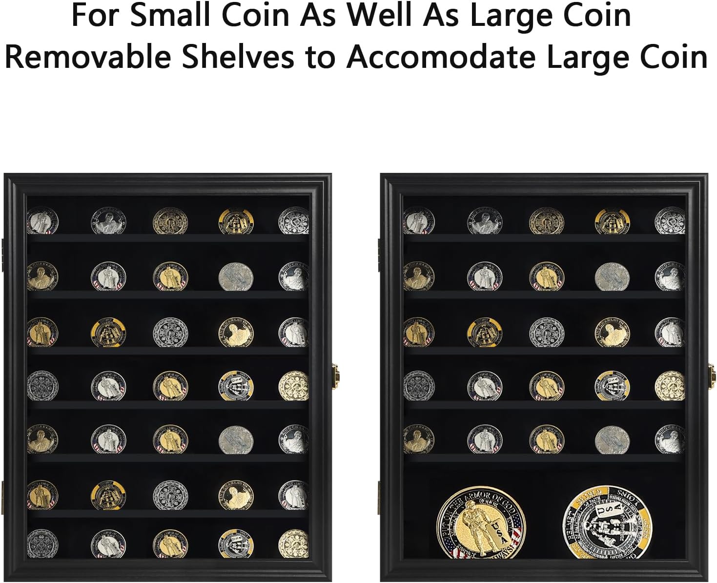 Jinchuan Military Challenge Coin Display Case Lockable Cabinet Rack Holder Shadow Box with Removable 2 Grooves Shelves and Anti Dust Door for Casino