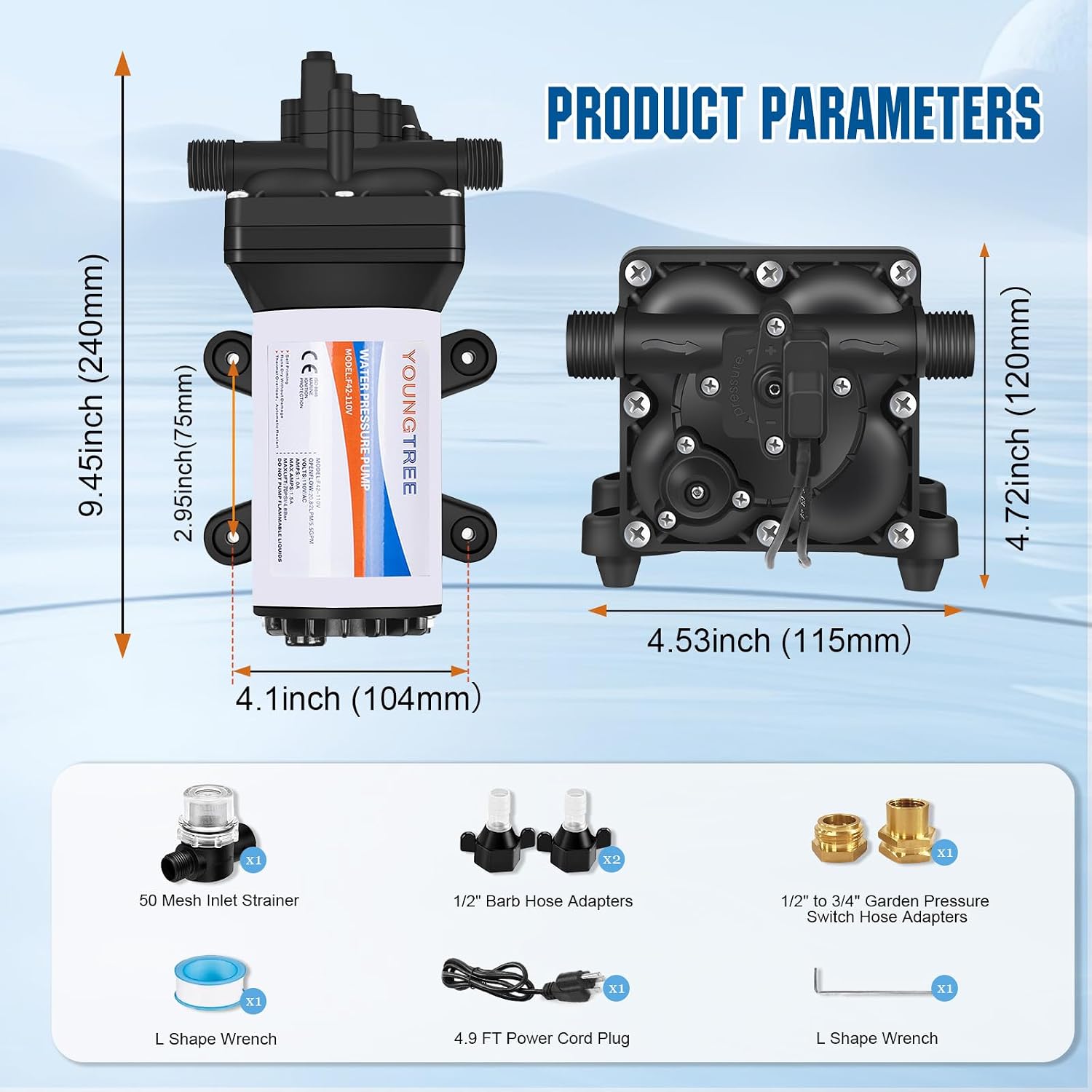 YOUNGTREE RV Water Pressure Diaphragm Pump 110V 4.0GPM 50PSI On Demand Fresh Water Transfer Pump 110Volt AC with Garden Hose Adapters for Irrigation Home Pool Draining Sprinkler