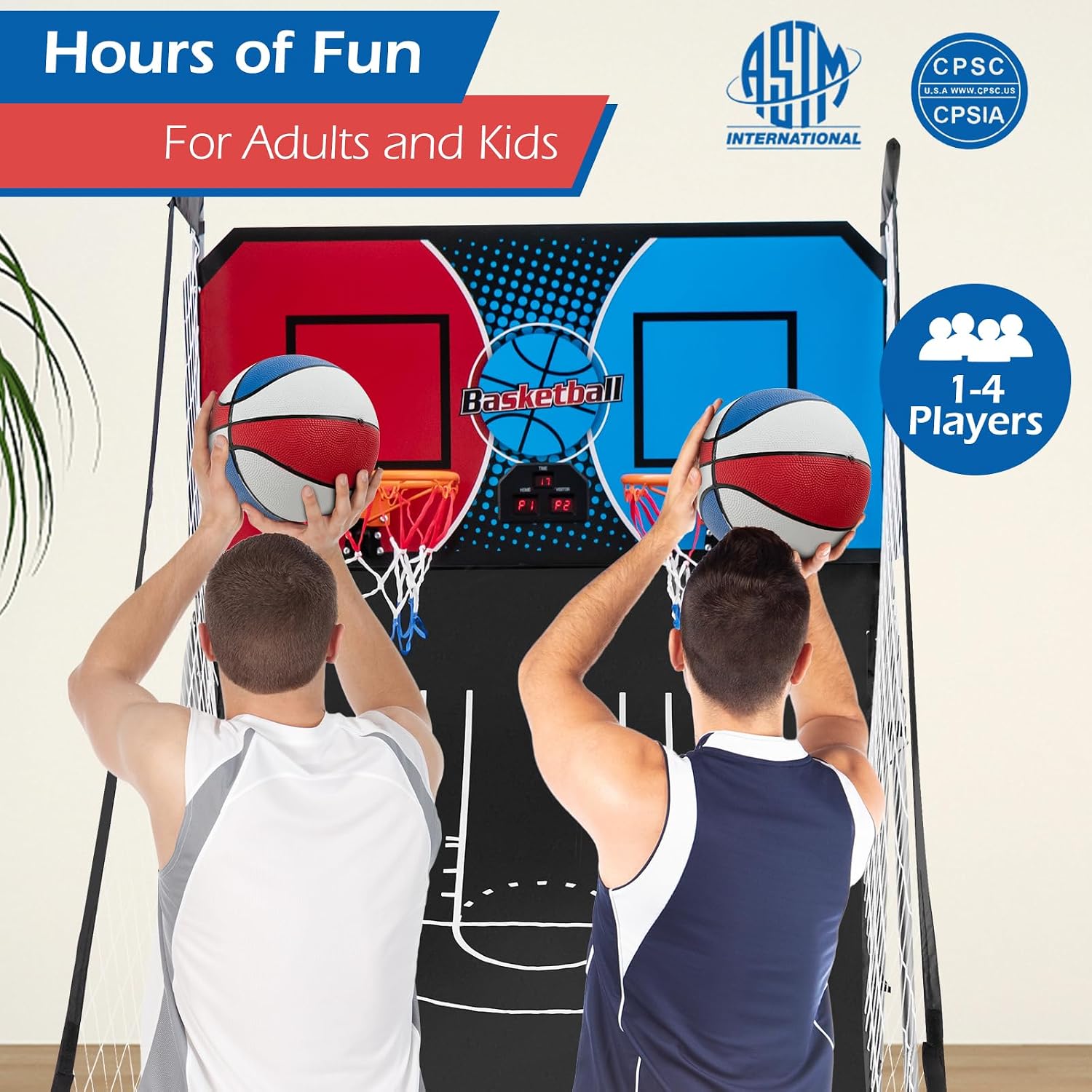 GYMAX Arcade Basketball Game Indoor Foldable with 8 Game Modes, Arcade Sound, 4 Balls and Inflation Pump, Electronic Basketball Games for All Ages Home