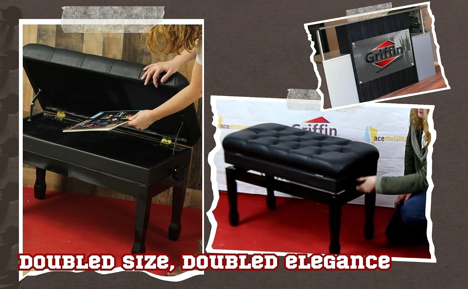 Griffin Genuine Leather Piano Bench, Oversize Duet Black Wood Frame Stool