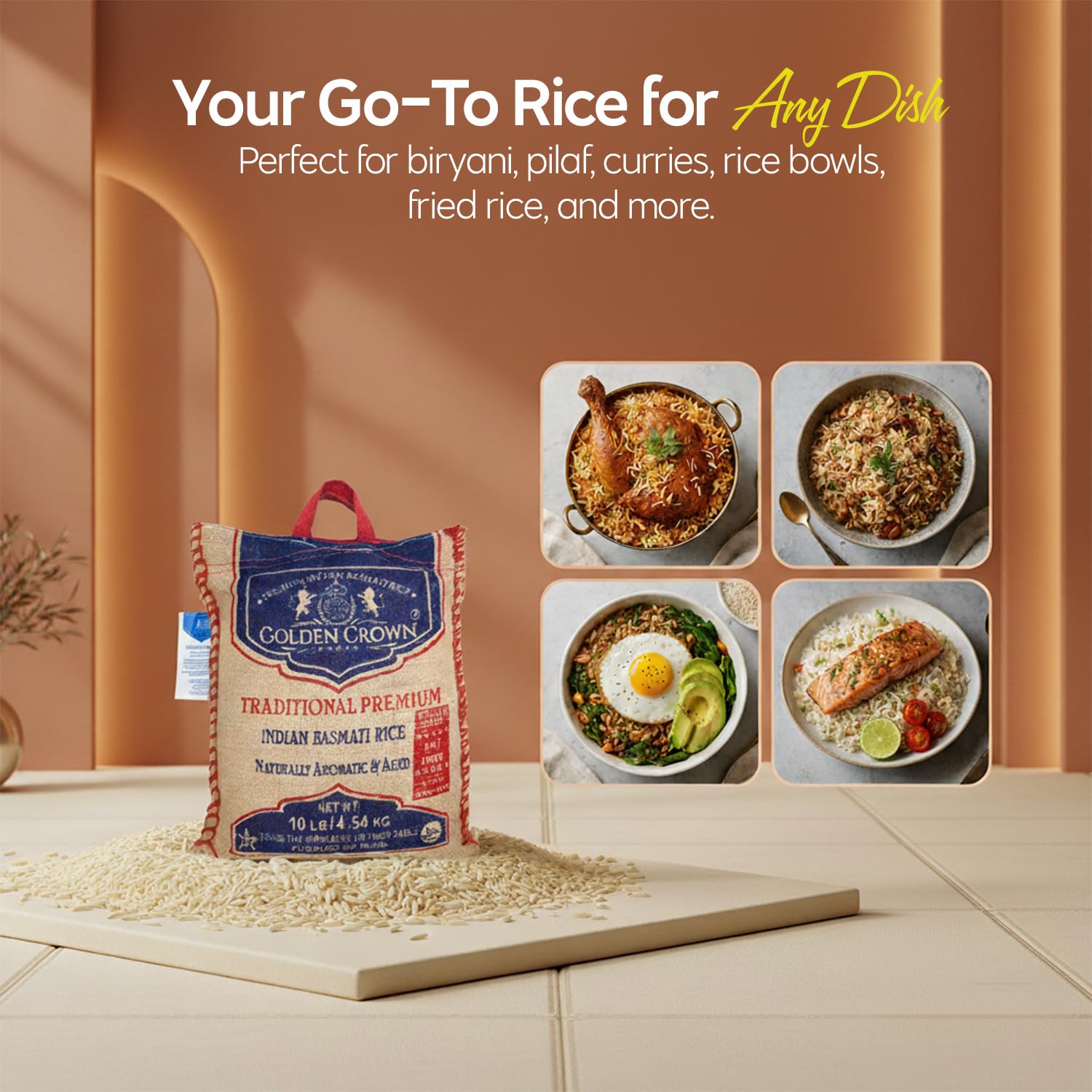 Golden Basmati Rice, 10LB, Gluten Free, Non GMO, Extra Long Grain Rice