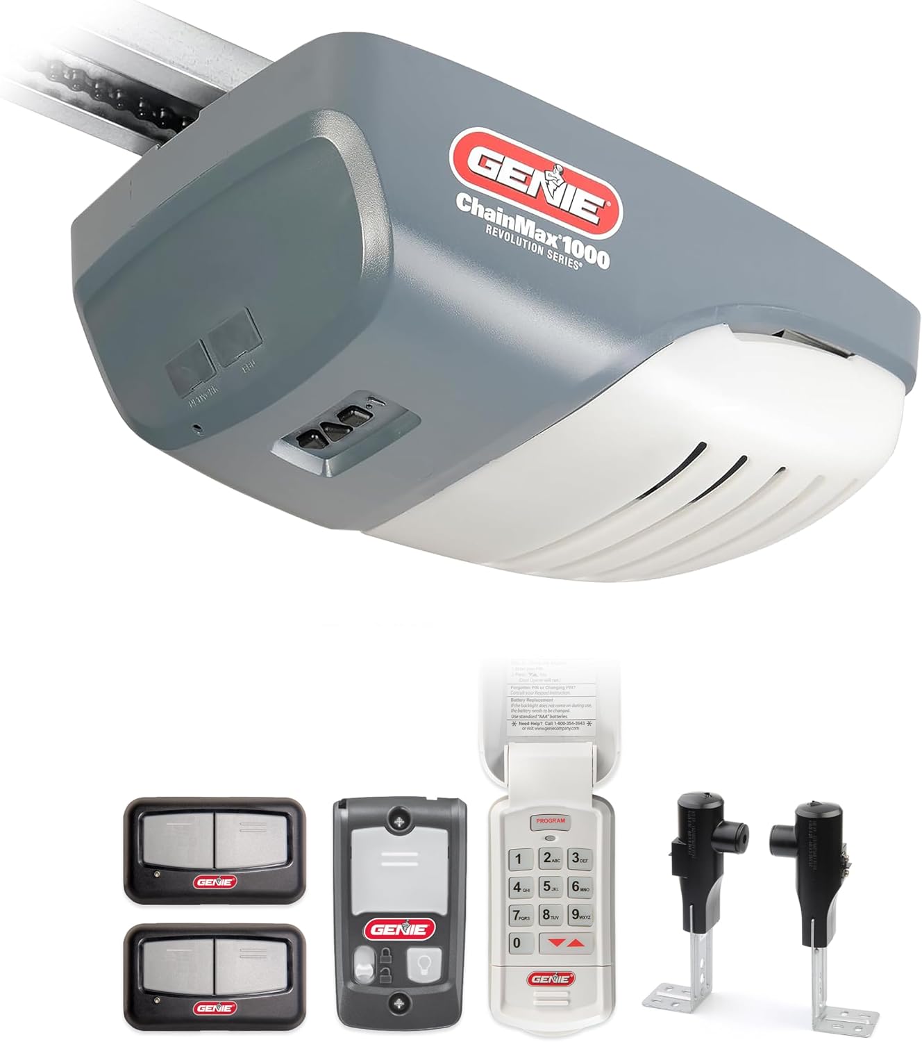 Genie ChainMax 1000 Garage Door Opener - Durable Chain Drive - Includes two 3-Button Pre-Programmed Remotes,Wall Console, Wireless Keypad, Safe-T-Beams - Model 3022-TKH, 140V DC Motor,Gray | 140V DC Motor, Chain C-Channel Rail, 2 Remotes, Wall Console, W…