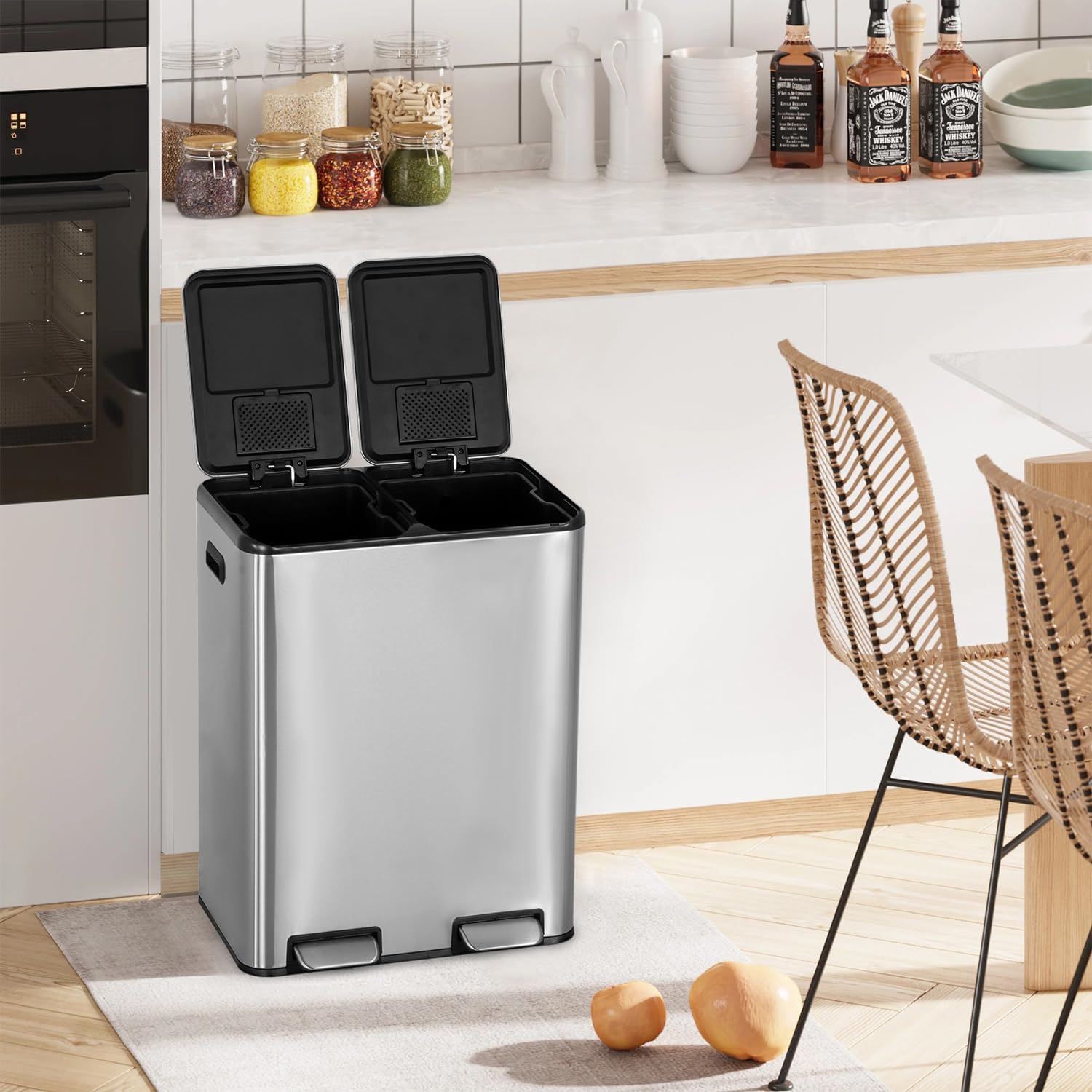 FDW | 13 Gallon Trash Can with Lid | Steel | Fingerprint-Proof | Made of Brushed Stainless Steel | Soft-Close Step Pedal | Hands-Free Use | Easy to Clean | for Kitchen, Office, Bathroom