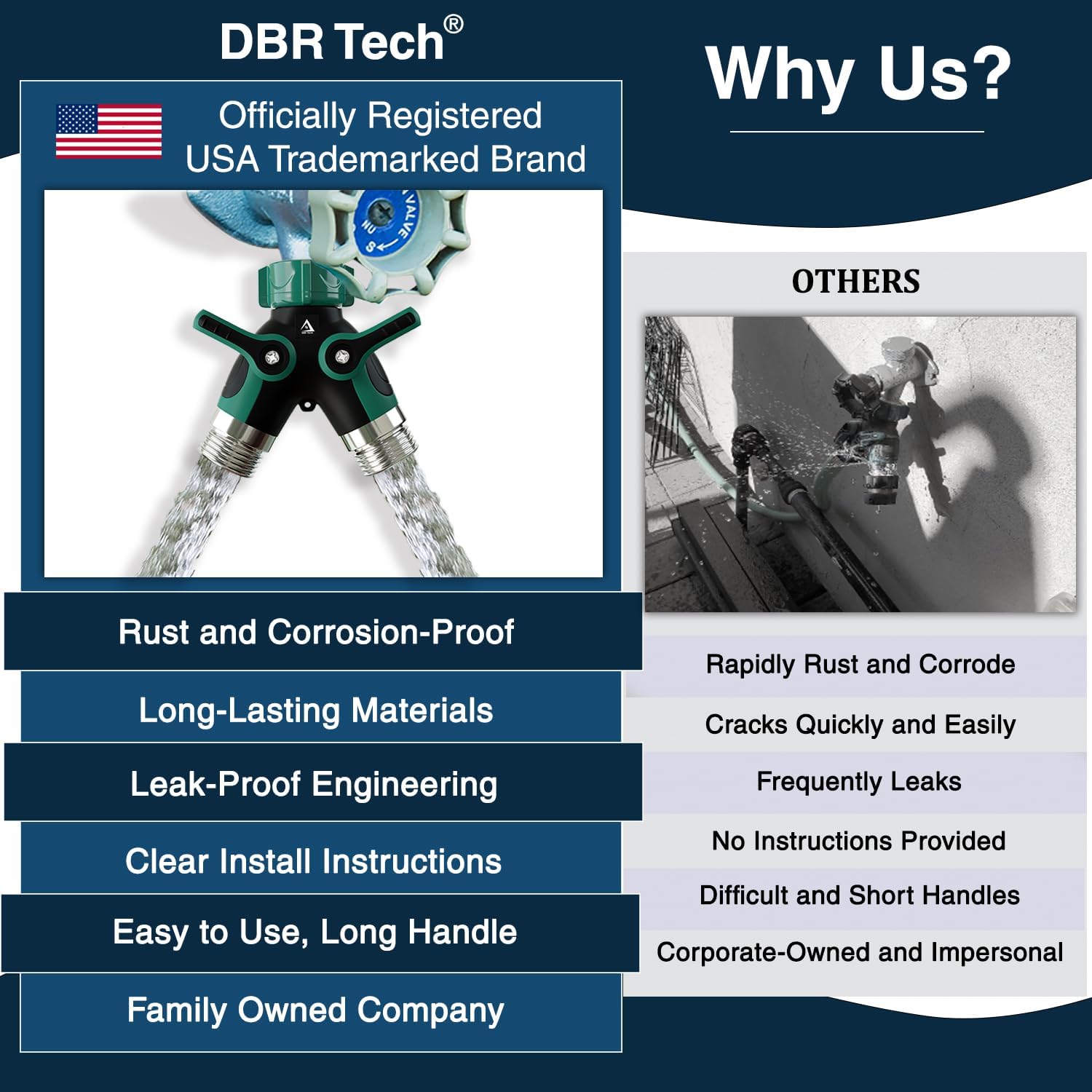 DBR Tech® Hose Splitter 2 Way, Heavy Duty Metal Connector, Two Way Garden Hose Splitter, High Flow Spigot Faucet Bib Adapter